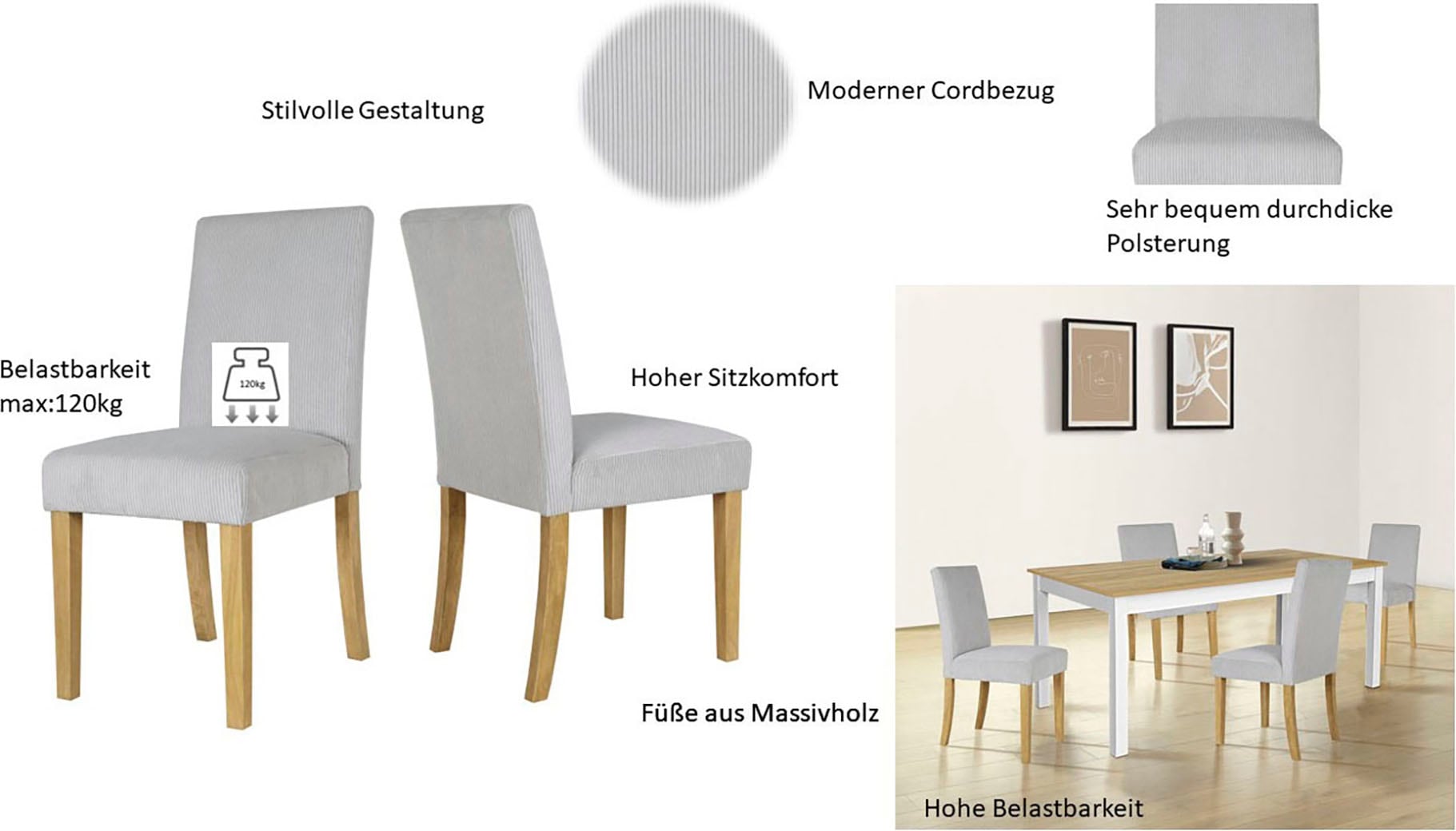 Home affaire Esszimmerstuhl »Winikon, TOPSELLER!, OTTOs Choice«, (Set), 4 St., Cord, Massivholzgestell, moderner Cordbezug, bequem gepolstert