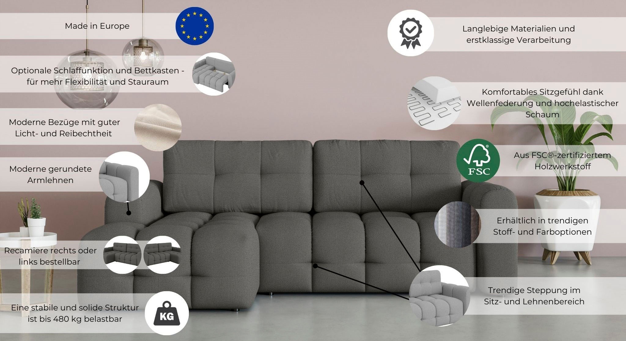 OTTO home Ecksofa »Manilla, wahlweise mit Bettfunktion, B/T/H 265/170/91 cm« L-Form mit Recamiere rechts/links bestellbar, Wellenunterfederung