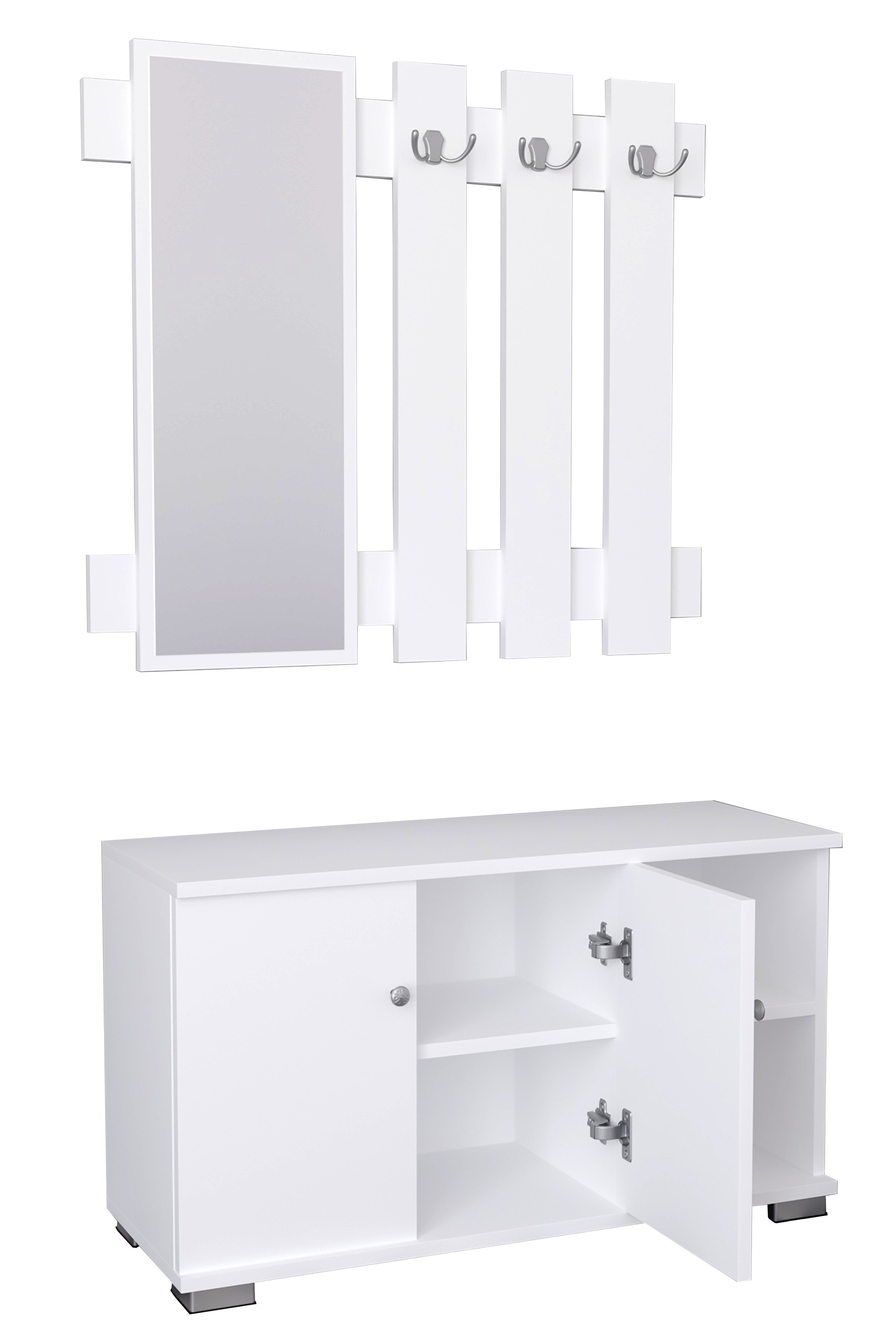 VCM Schuhschrank »VCM Holz Sitzbank | 2-tlg.-Set | Schuhschrank | Maße: H. 82 x B. 90 x T. 33 cm | Wandpaneel mit 3 Haken und einem Spiegel| 2 Drehtüren | 2 Fächer | 2 offene Fächer - Gados XL«, (1 St.)
