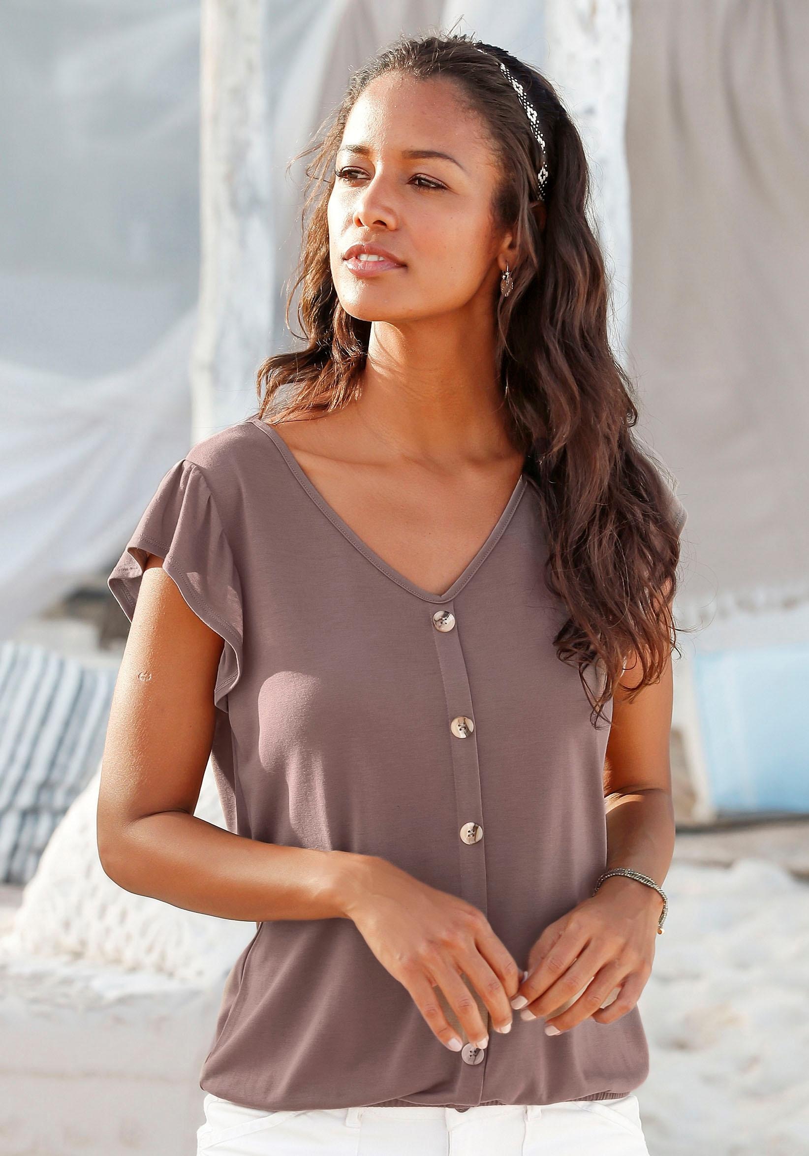 LASCANA Kurzarmshirt »mit Zierknopfleiste und Flügelärmelchen«, (2er-Pack), aus weicher Viskose-Qualität