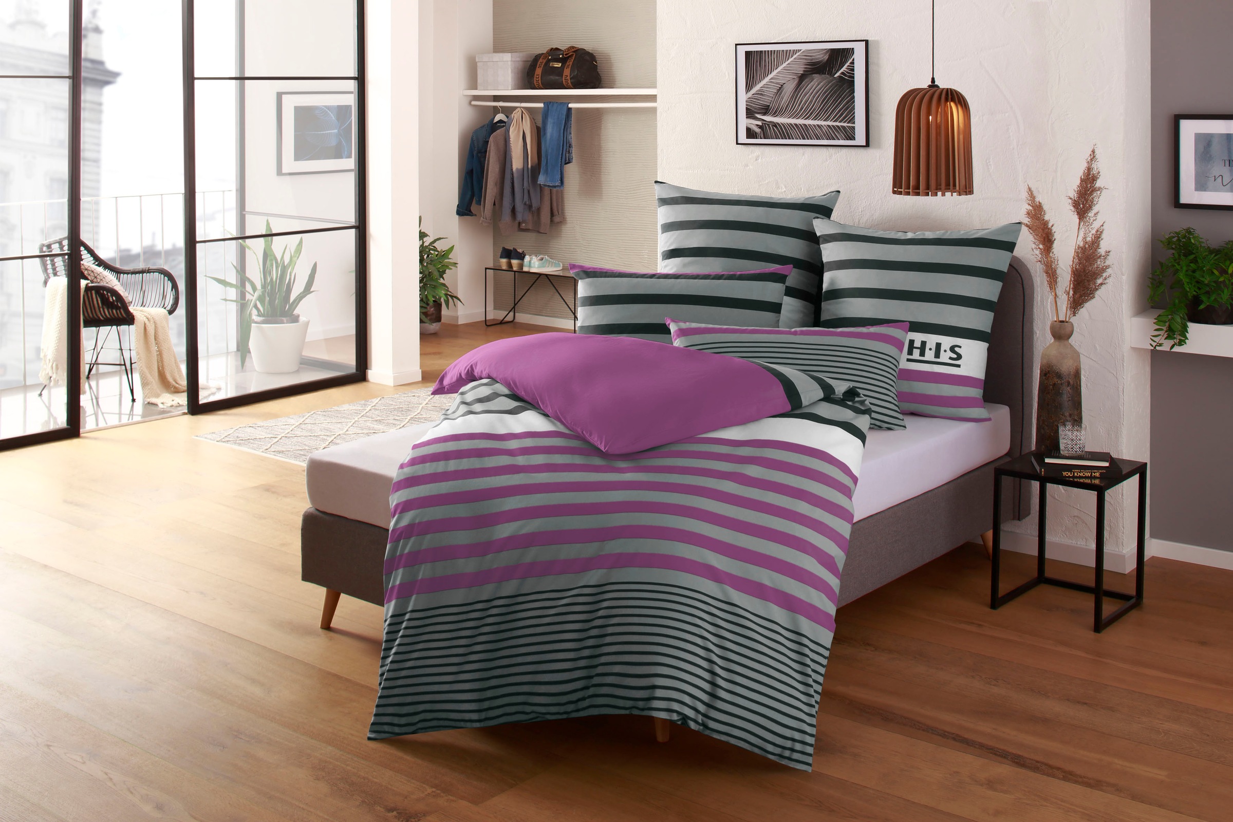 H.I.S Bettwäsche »Majoran« 2 tlg. gestreifte Bettwäsche in verschiedenen Qualitäten in lila, Größe B/L: 80 cm x 80 cm
