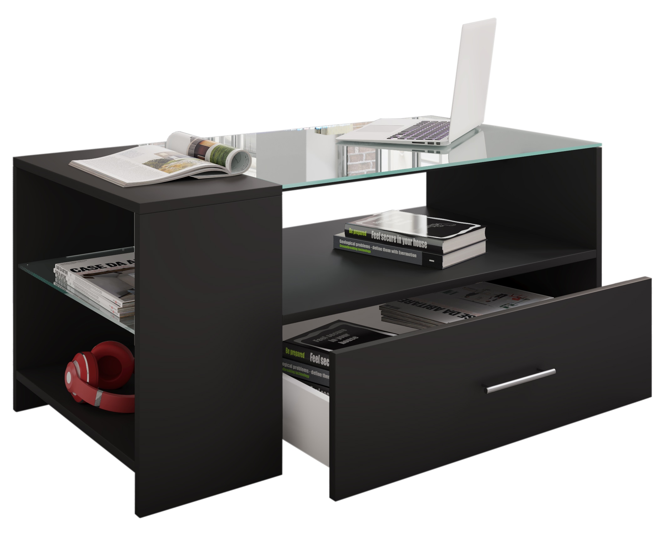 VCM Couchtisch »VCM Holz Couchtisch mit ESG-Sicherheitsglas | Sofatisch mit ausreichend Stauraum | Maße ca. H. 45 x B. 100 x T. 50 cm | Wohnzimmertisch mit Schublade - Tindala«, (Tindala)