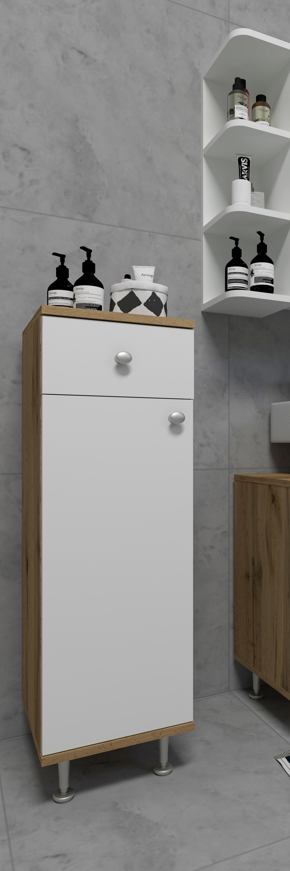 VCM Hochschrank »VCM Holz Midischrank | Badschrank | Maße: H. 95 x B. 30 x T. 30 cm | 1 Schublade | 1 Drehtür | 3 Fächer - Nilosi«, (1 St.)