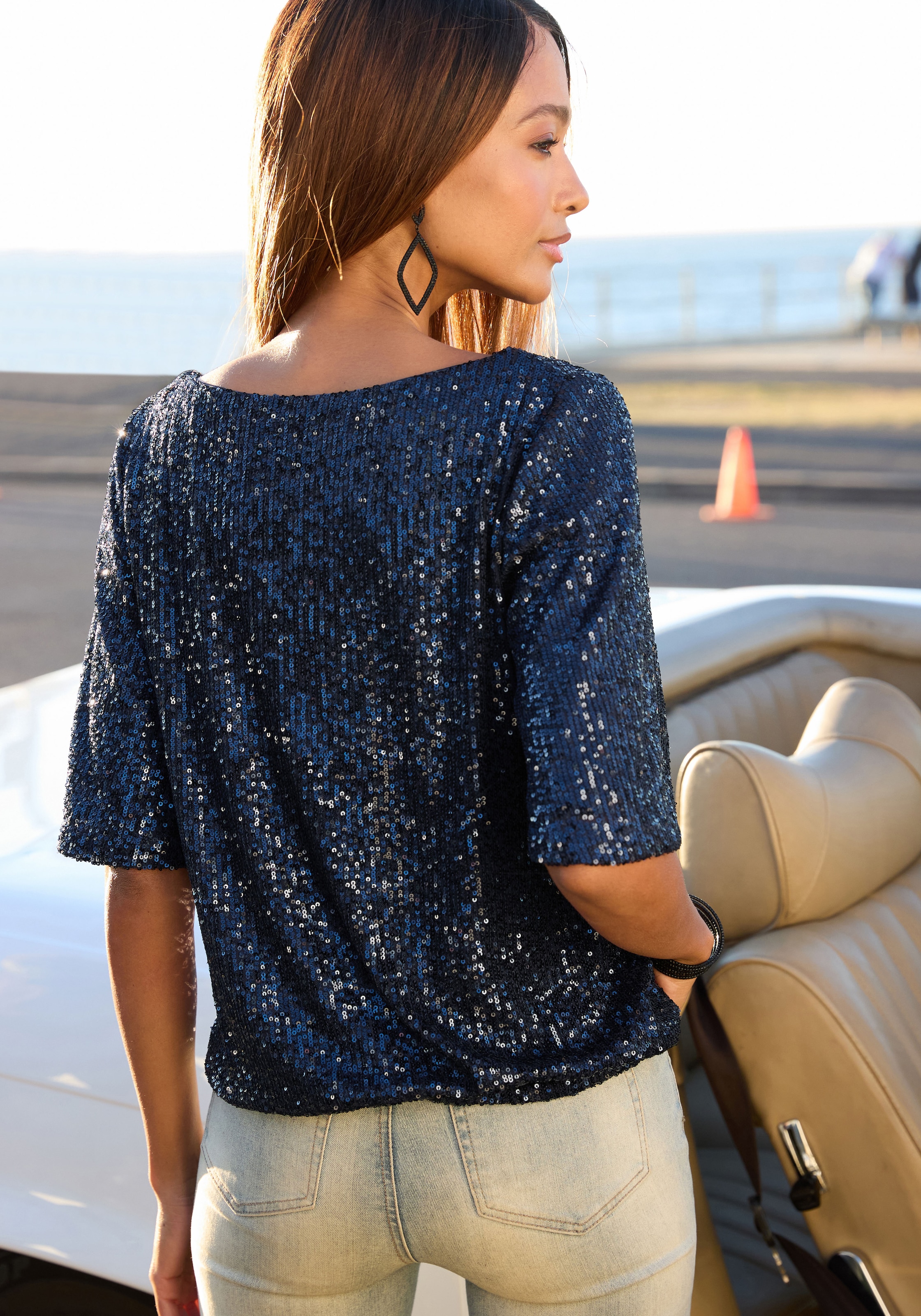 LASCANA Paillettenshirt mit weiten Ärmeln, festliches Glitzershirt, Partyshirt
