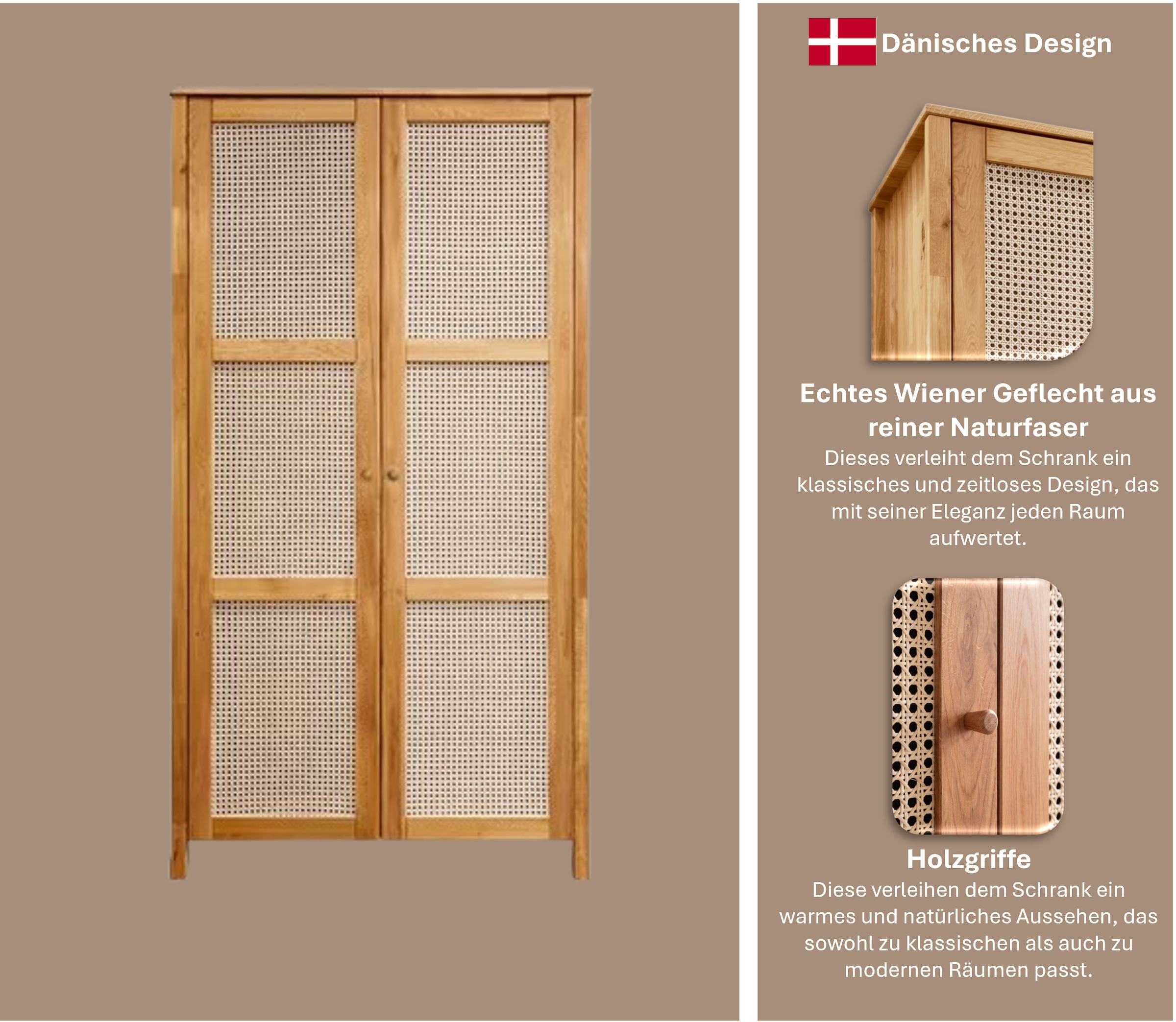 Home affaire Drehtürenschrank »Hällevik, Kleiderschrank, Aufbewahrung, Stauraum, Soft-Close-Funktion« Türfronten mit Wiener Geflecht, FSC® Zertifizierte massive Eiche