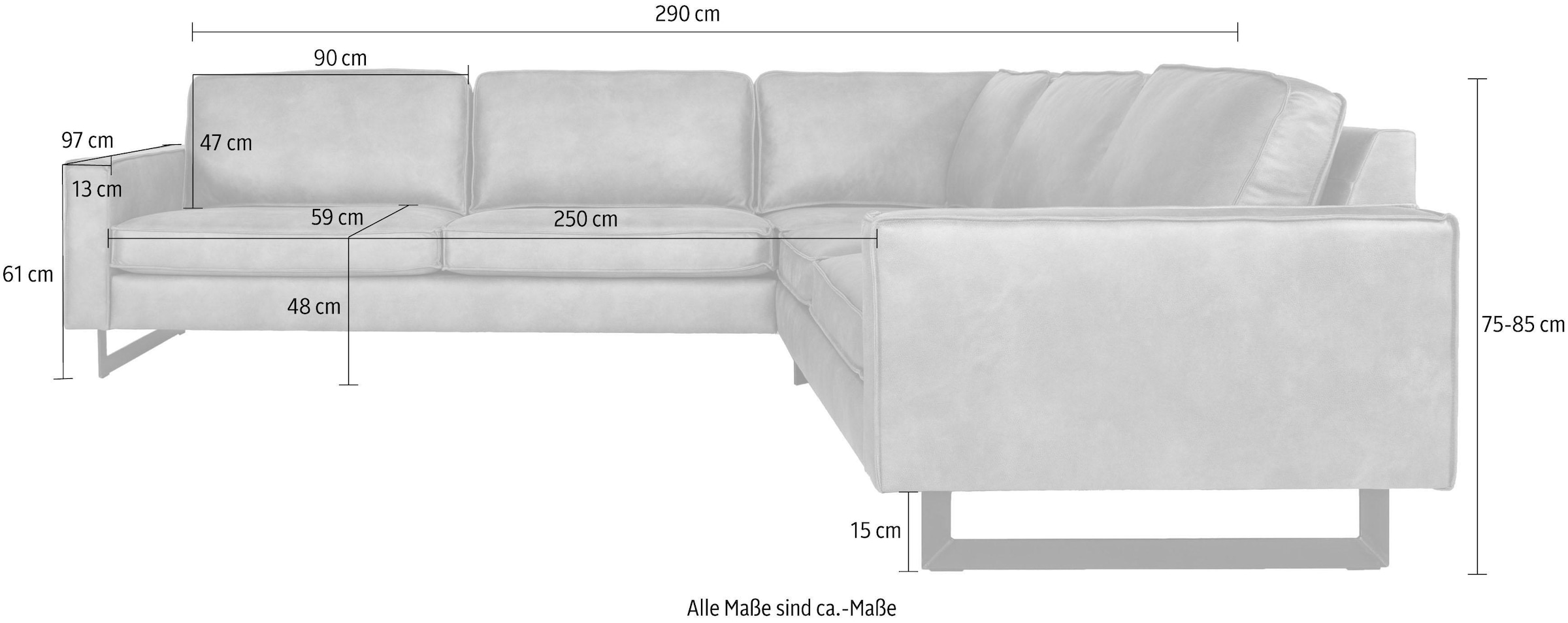 Places of Style Ecksofa »Pinto, XXL, 250/290 cm, langer Schenkel, Ottomane«, Cord, Chenille, Lederoptik, mit Keder, Metallfüße, Wellenunterfederung