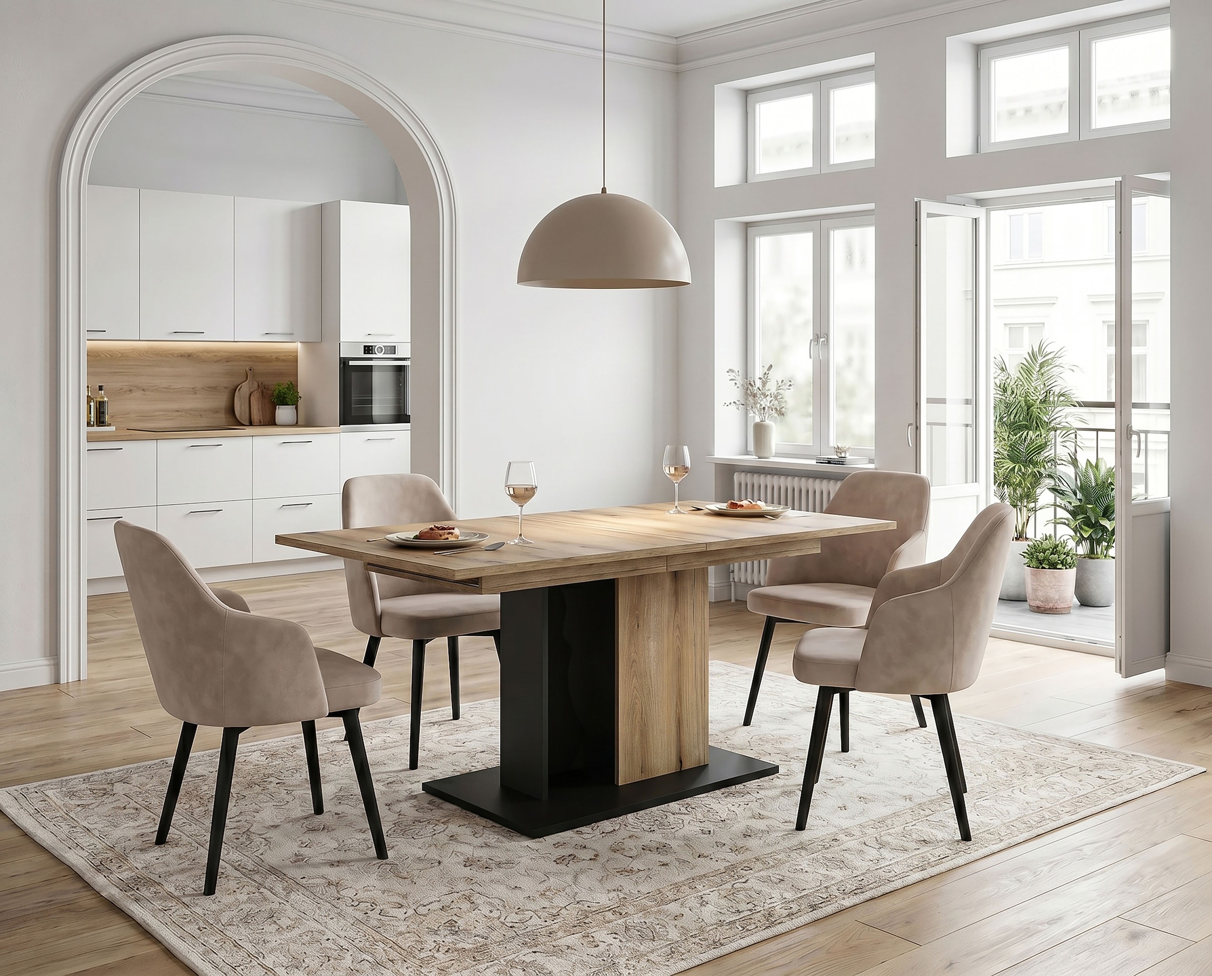 OTTO home Esstisch »MONOLITH, ausziehbar 150 -230 cm, inklusive 2x 40 cm Einlegeplatte« Doppelsäulen-Gestell mit Bodenplatte, Tisch, Küchentisch, Esszimmer