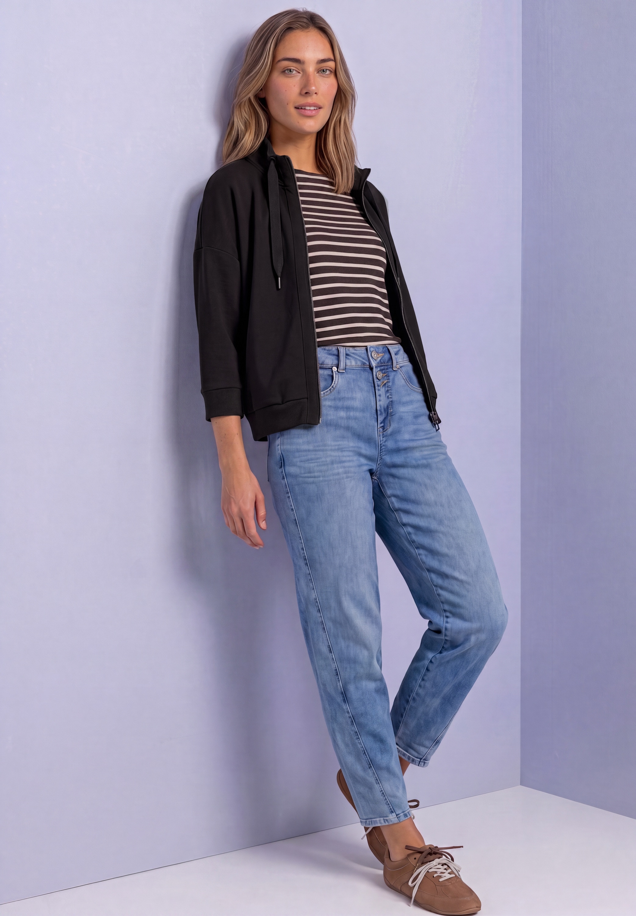 STREET ONE Sweatjacke 3/4-Arm Jacke im Silk-Look mit Rippdetails