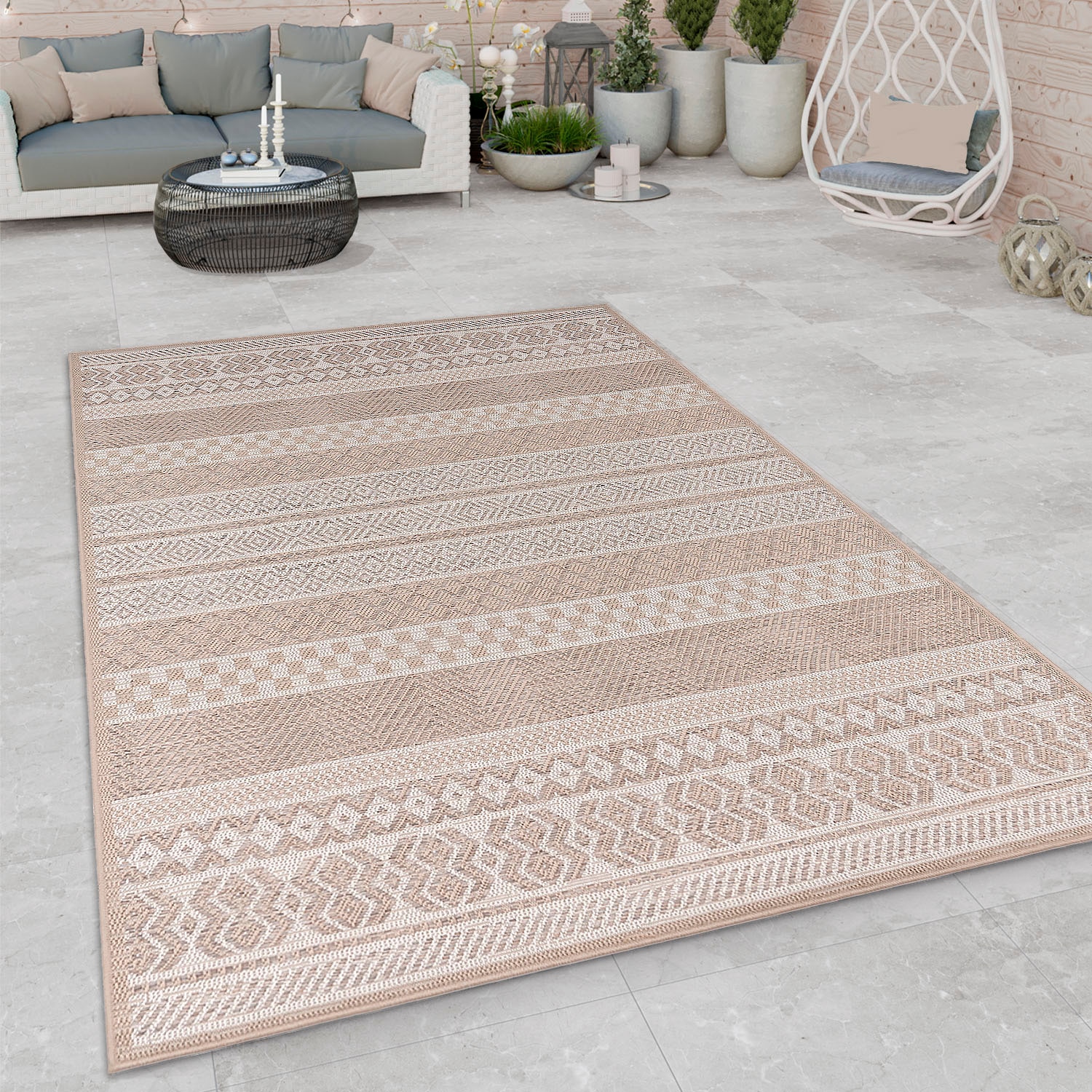 Paco Home Teppich »Vermont 183«, rechteckig, 4 mm Höhe, Flachgewebe, modernes gestreiftes Design, In- und Outdoor geeignet
