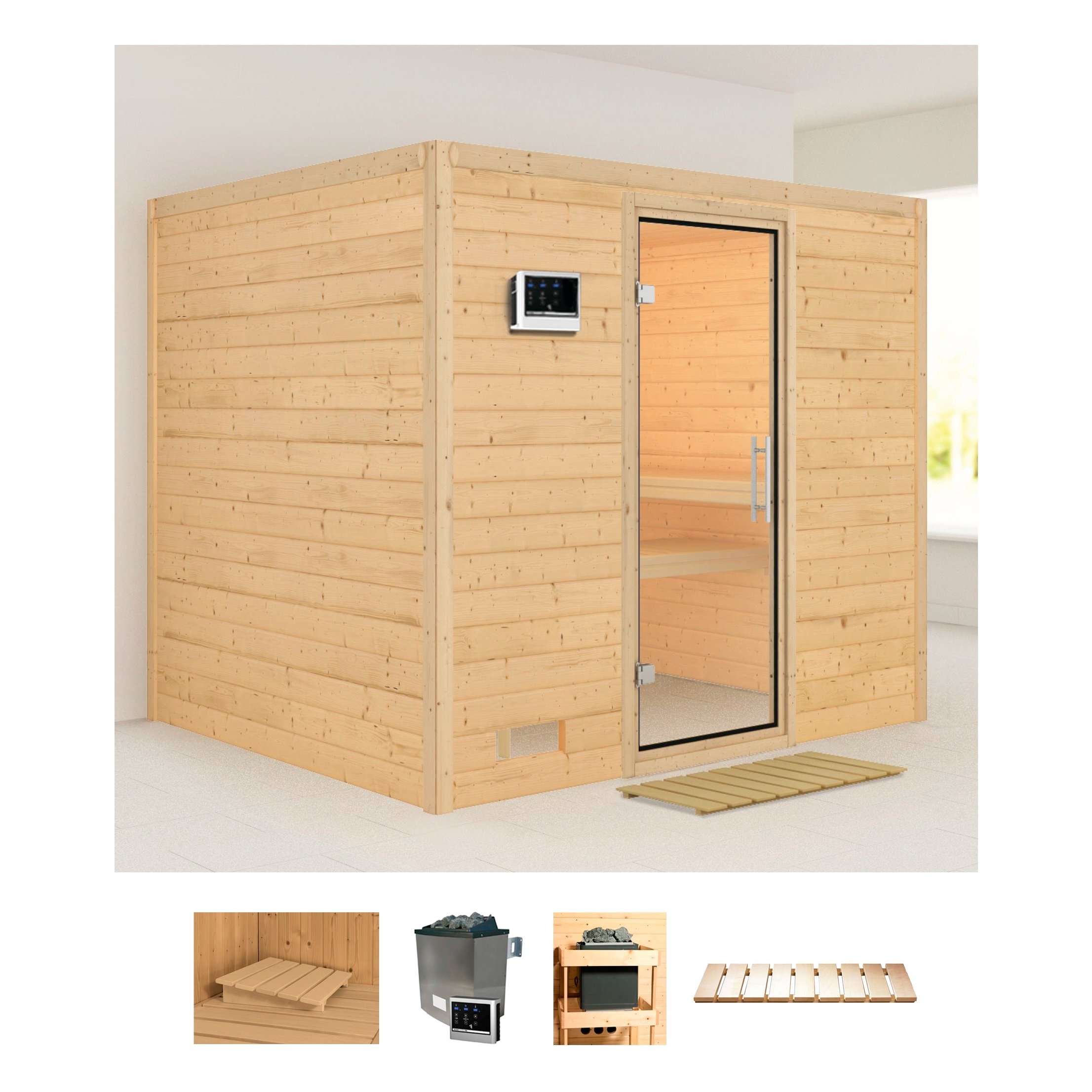 Karibu Sauna »Soraja«, (Set), 9-kW-Ofen mit externer Steuerung