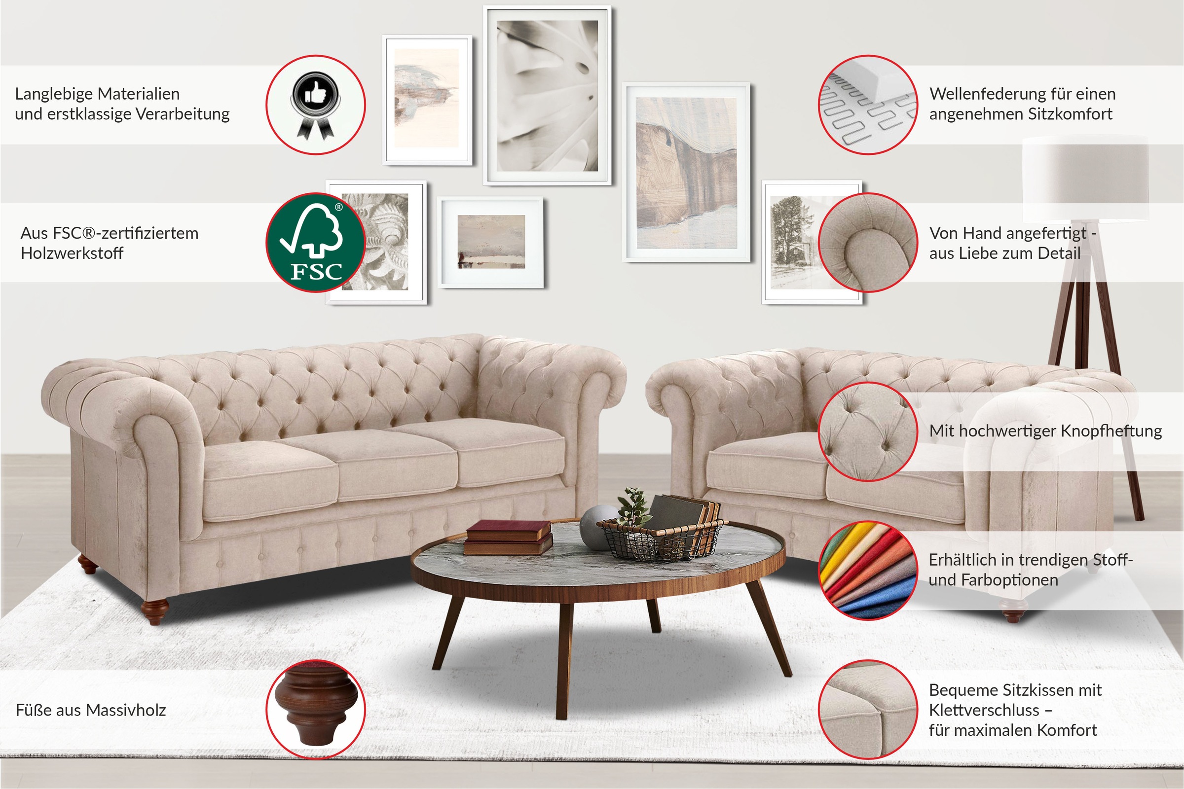 Home affaire Chesterfield-Sofa »Chesterfield 2-Sitzer B/T/H: 150/89/74 cm«, mit hochwertiger Knopfheftung, auch in Leder