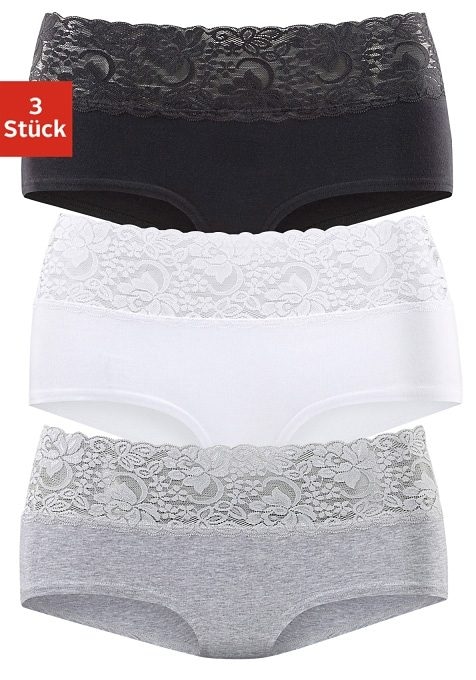 Vivance Panty, (3er-Pack), aus elastischer Baumwolle mit floraler Spitze