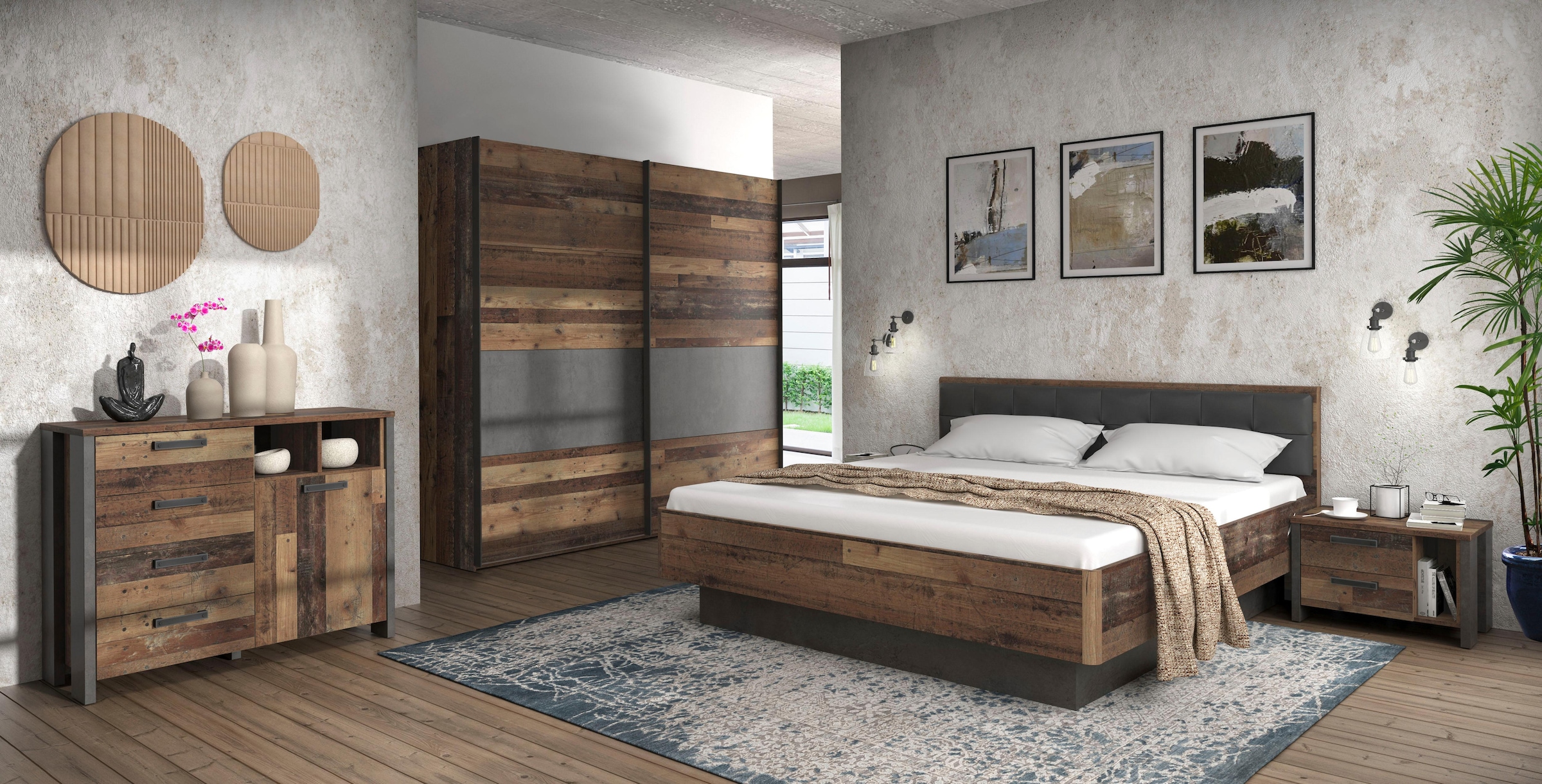 FORTE Futonbett »Clif, Bettanlage, Old – Wood Vintage, Betonoptik Dunkelgrau«, (Liegefläche 180x200cm), mit gepolstertem Kopfteil aus Kunstleder, bis 220KG belastbar