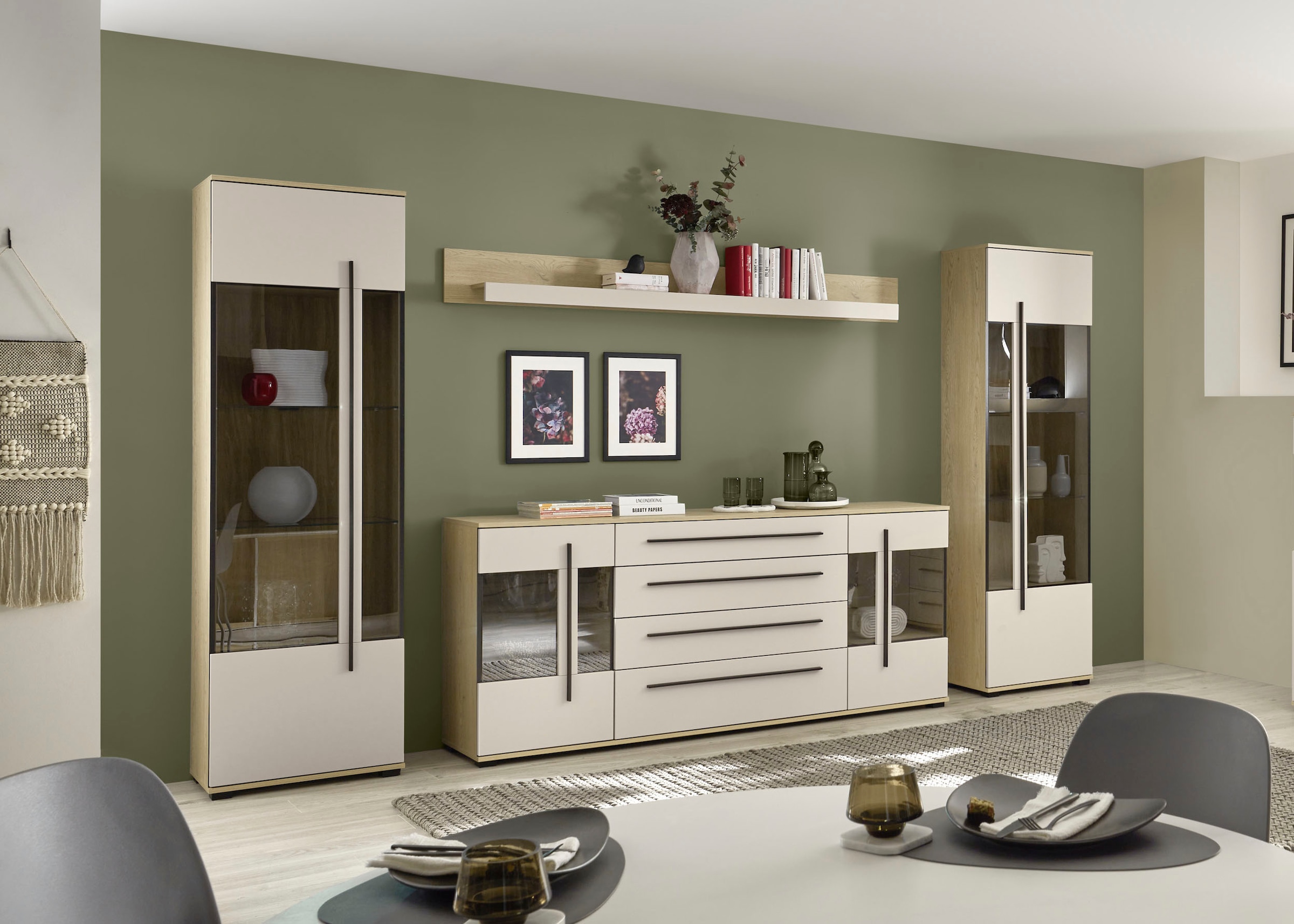 Home affaire Wohnwand »Cantara, Anbauwand, Wohnzimmer-Set, in Eiche Evoke, Weiß oder Kaschmir« Set, 