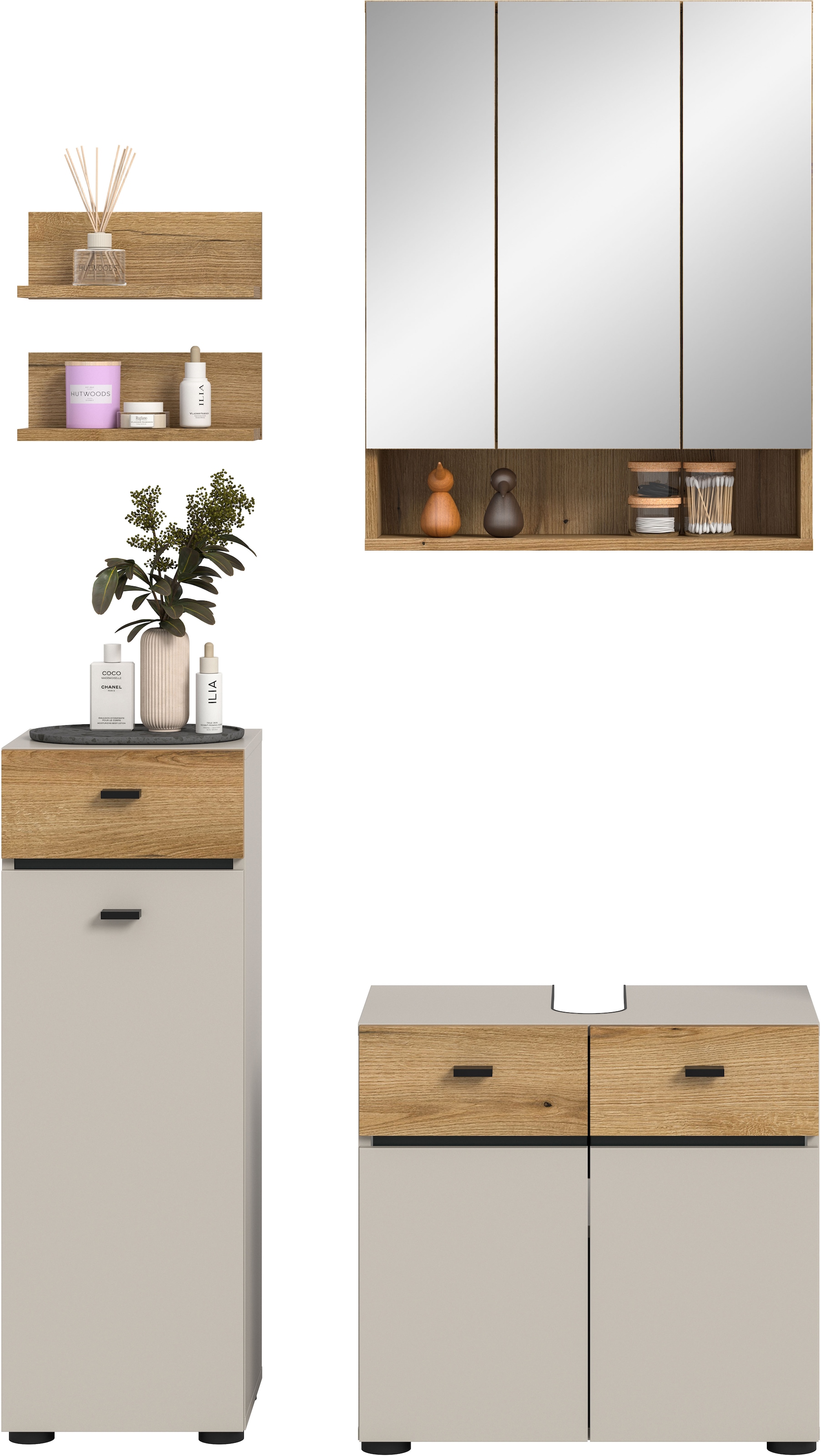 welltime Badmöbel-Set »VANN, 5-teilige moderne Badkombination, individuell stellbar« Midischrank, 2er Set Wandregal, Waschbeckenunterschrank,Spiegelschrank, 5 Stk. tlg.