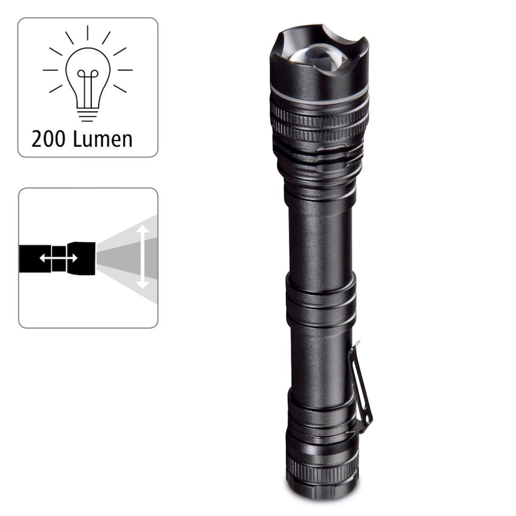 Hama LED Taschenlampe »LED Taschenlampe Outdoor mit Clip, 200 Lumen, 3 Lichtmodi«
