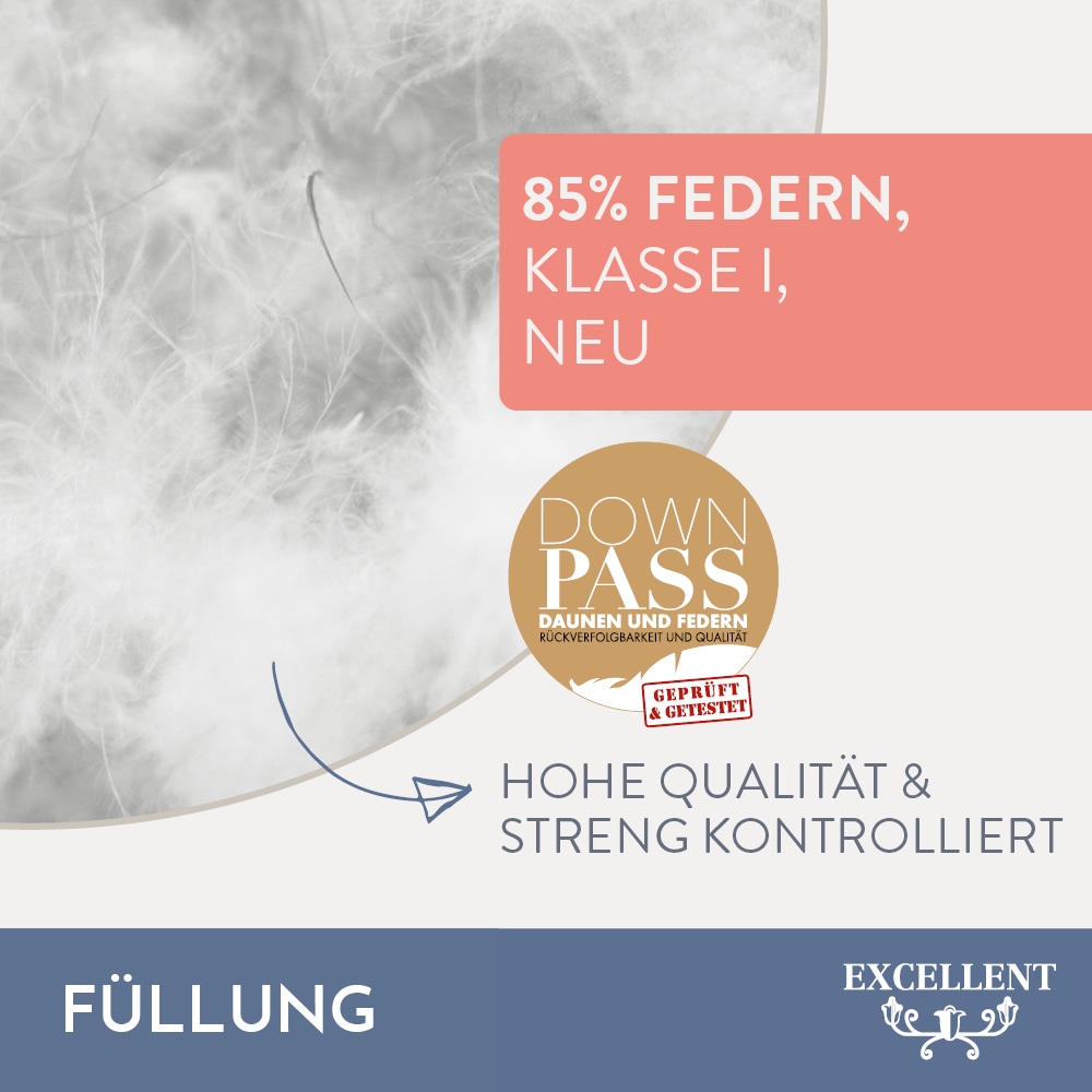 Excellent Kopfkissen »Venedig«, Füllung: weiße neue Federn und Daunen, Klasse I, 85% Federn / 15% Daunen, Bezug: Köper-Inlett, 100% Baumwolle, (Spar-Set, 2 St., 2 Kopfkissen), Kopfkissen 40x40, 40x80, 80x80, allergiker geeignet (Hausstaub)