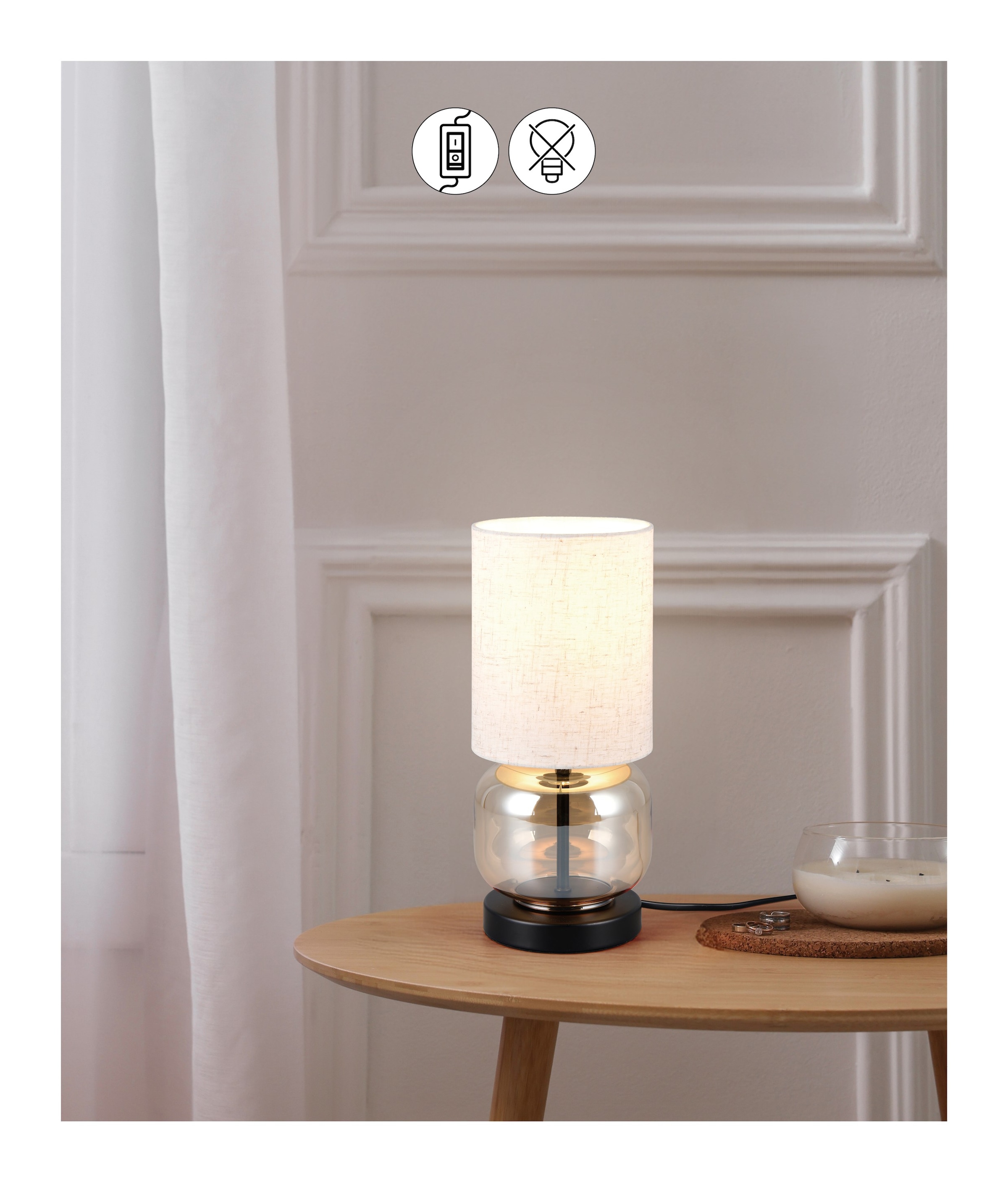 OTTO home Schreibtischlampe »Jorrin, Tischlampe mit Glas und Stoffschirm exkl 1x E27 max 40W« E27 1 Stk. warmweiß - kaltweiß Nachttischlampe Tischleuchte m. Schnurschalter Glas amber Schirm beige