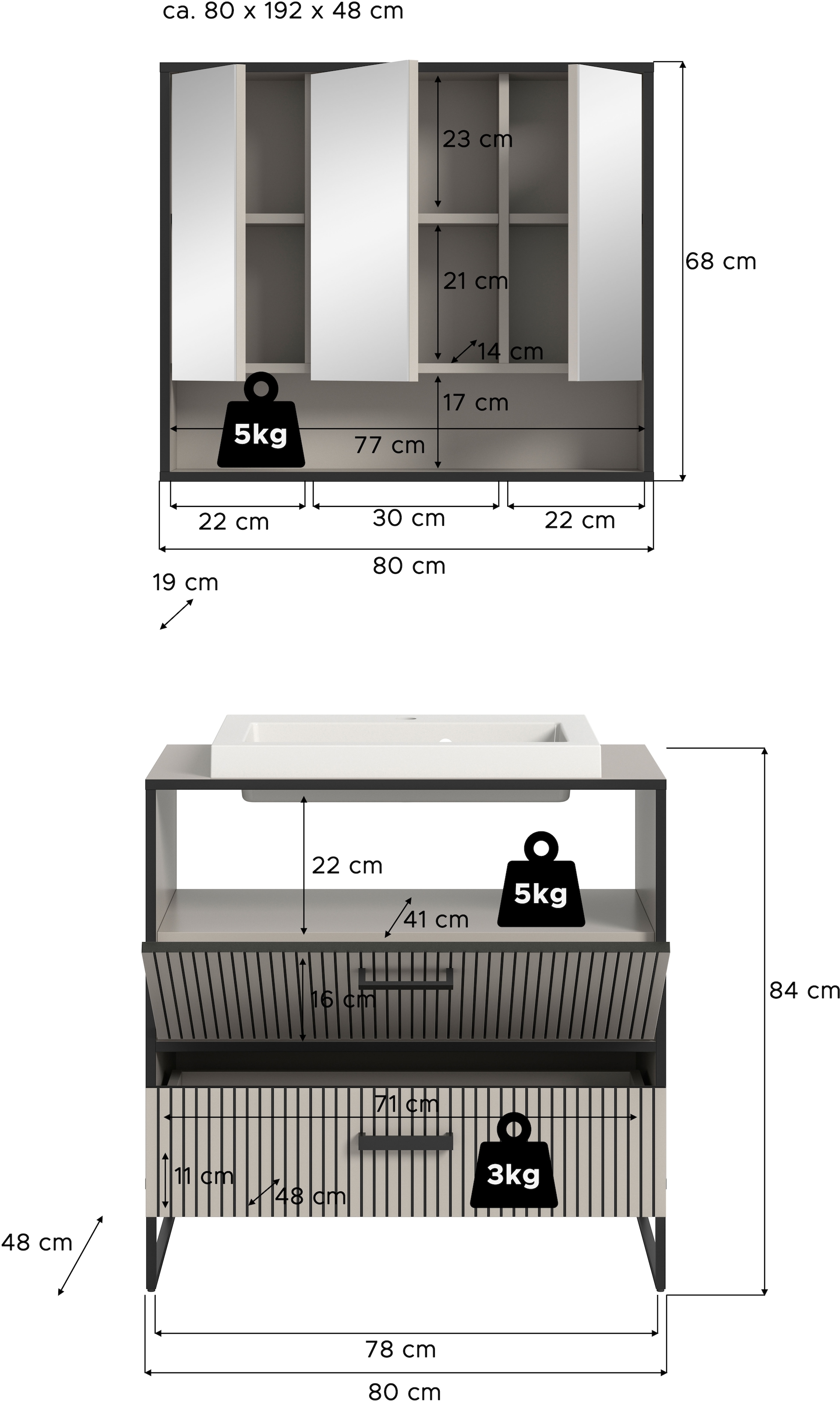 welltime Badmöbel-Set »Locri, Breite 80 cm, Rillenoptik, Metallkufen«, (2 St.), best. aus: Spiegelschrank, Waschtisch