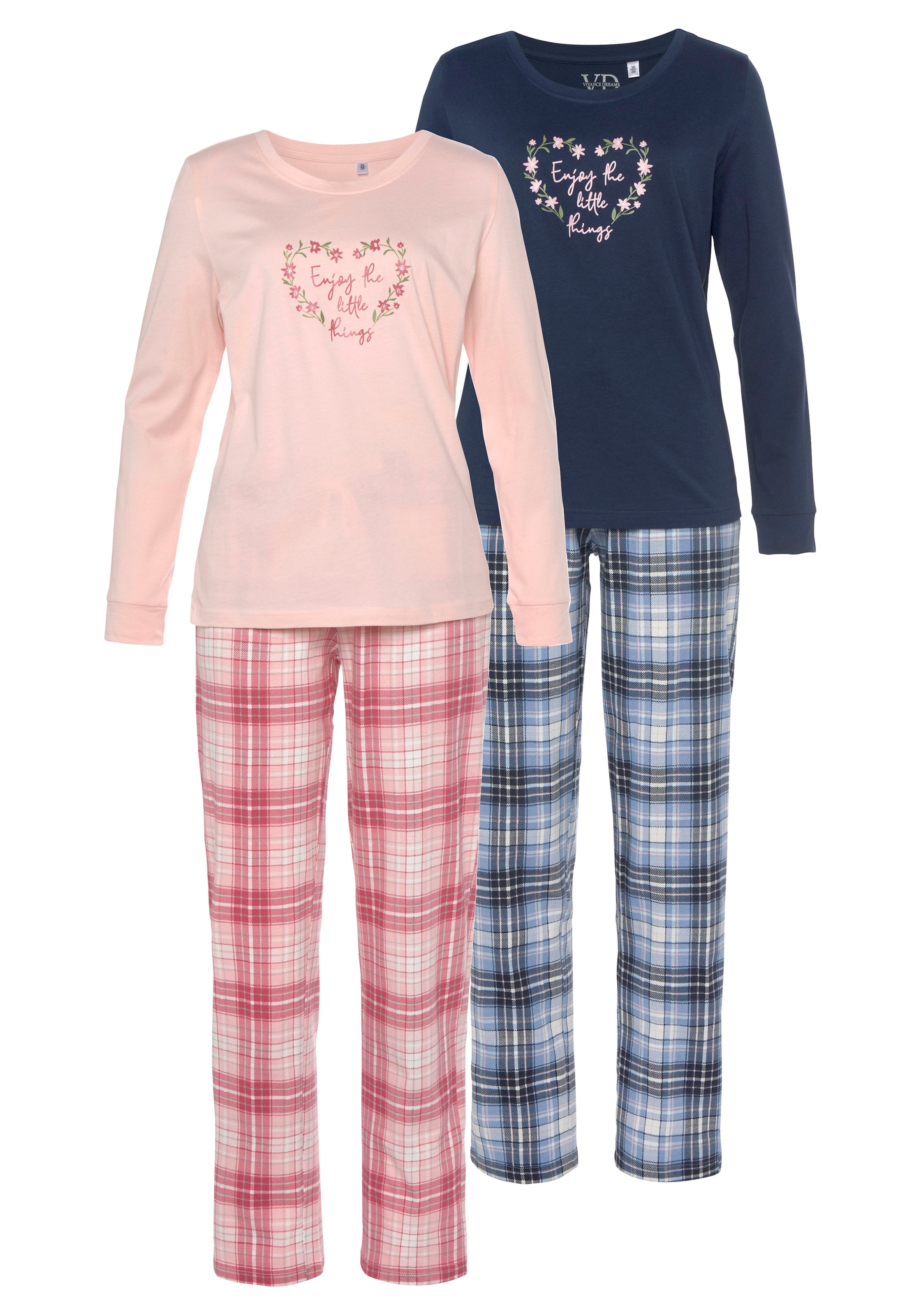 Vivance Dreams Pyjama, (4 tlg., 2 Stück), mit Karo- und Blumendruck im Doppelpack