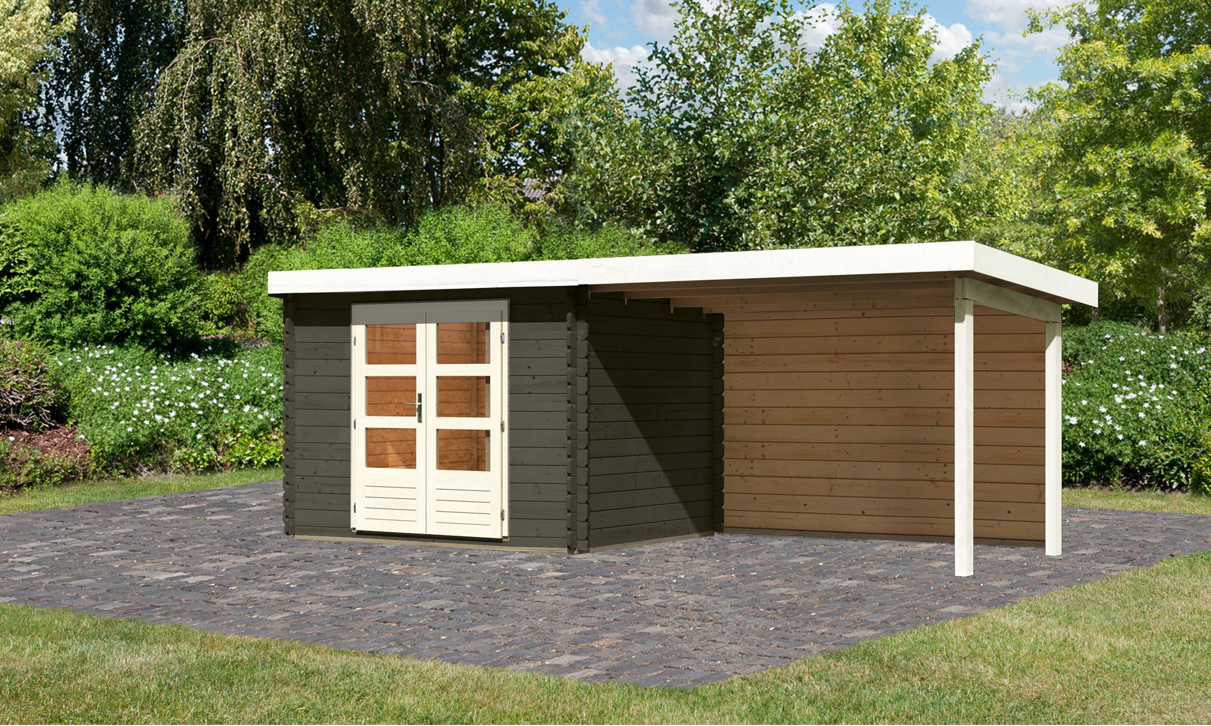 Karibu Gartenhaus »Schloßsee 3«, mit Anbaudach und Rückwand