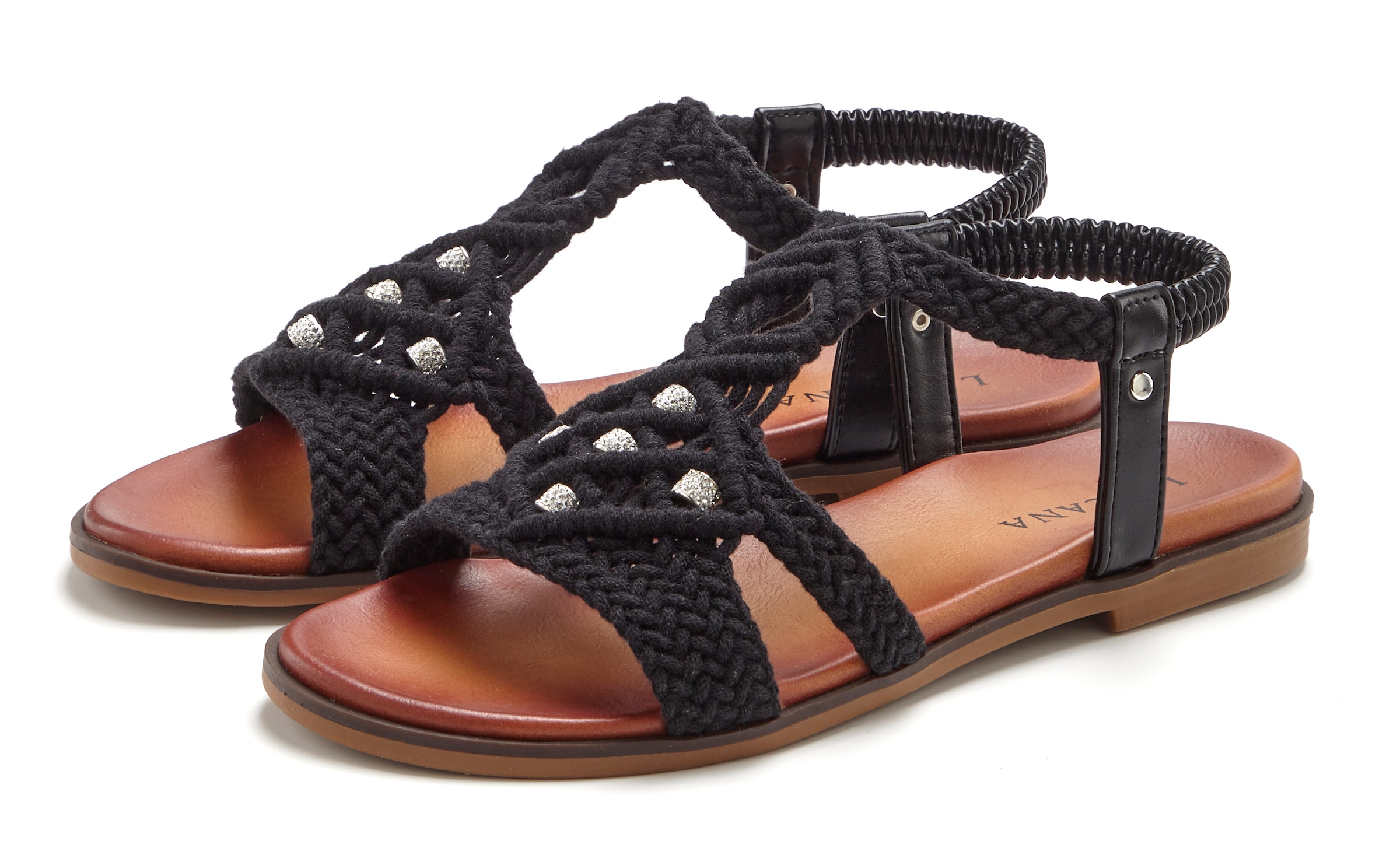 LASCANA Sandale »Sommerschuh, offener Schuh, Pantolette,«  in trendiger Häkeloptik, Glitzerdetails und elastischen Riemchen