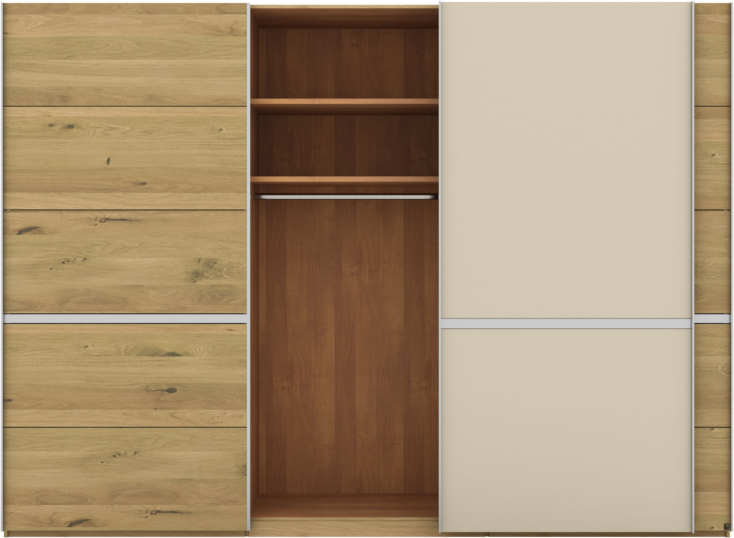 Musterring Schwebetürenschrank »Savona, Kleiderschrank, Schrank, Garderobe, mit Schiebetüren«, (Teilmassiv Bianco-Eiche, mit Spiegel oder Glas, MADE IN GERMANY), Türen Bianco-Eiche massiv, Spiegel-/Glastüren, eingelegte Chromleiste