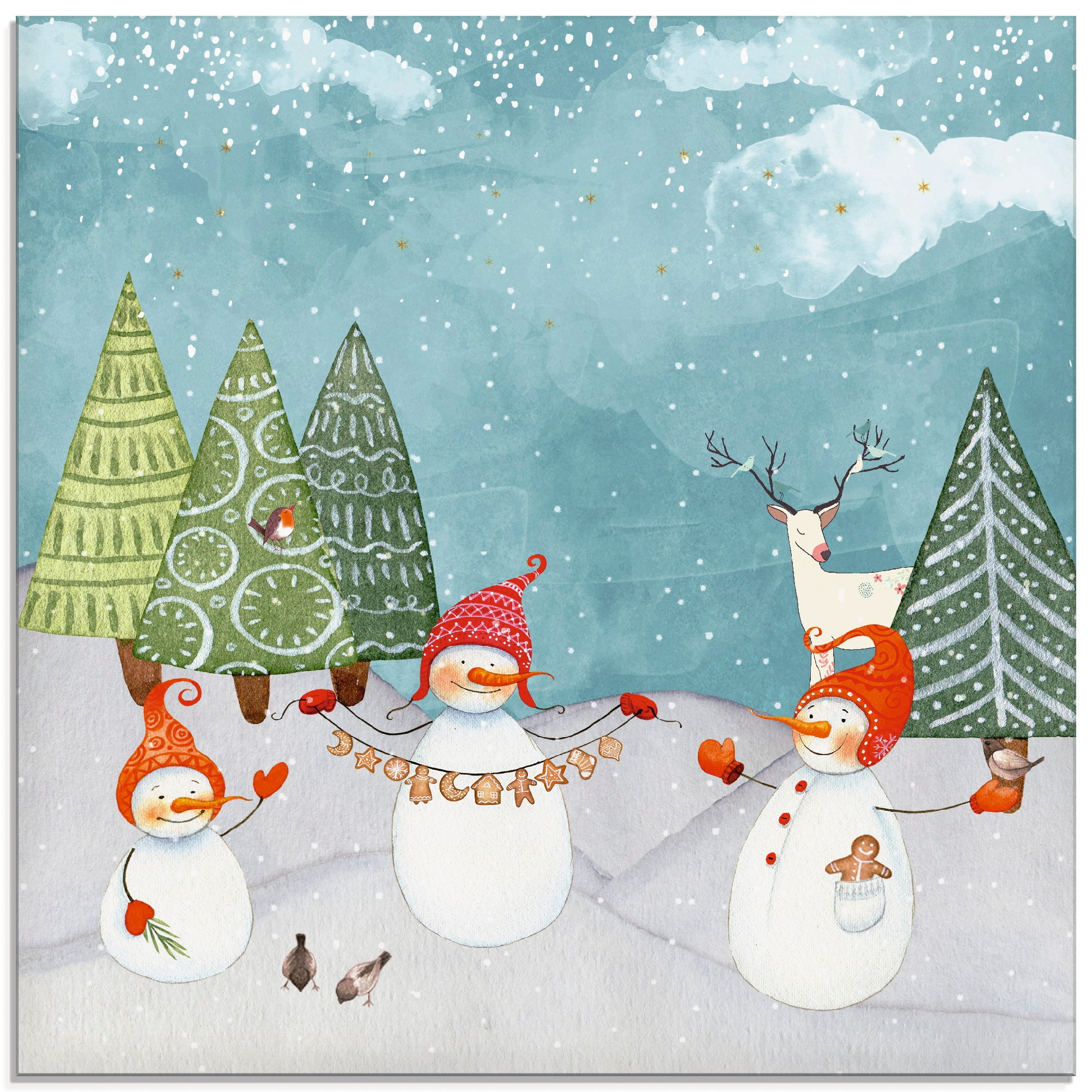 Glasbild »Schneemänner und Tierfreunde«, Weihnachten, (1 St.), in verschiedenen Größen