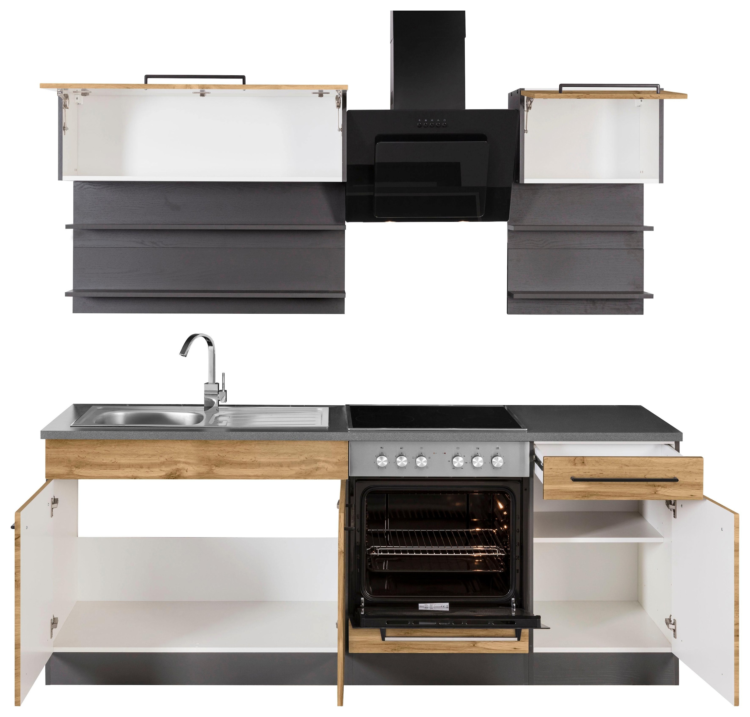 KOCHSTATION Küchenzeile »KS-Tulsa« Breite 210 cm, schwarze Metallgriffe, hochwertige MDF Fronten