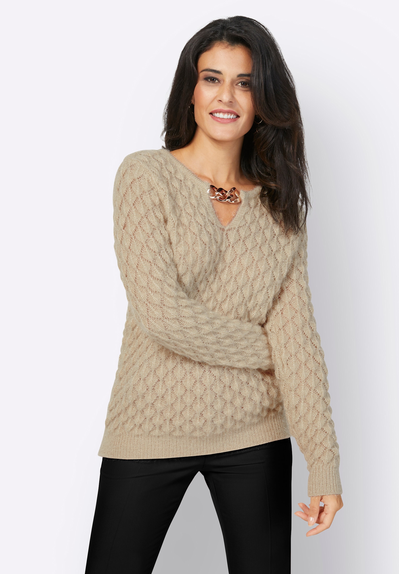 creation L Rundhalspullover »Pullover Ajourpullover mit Ketten-Applikation«