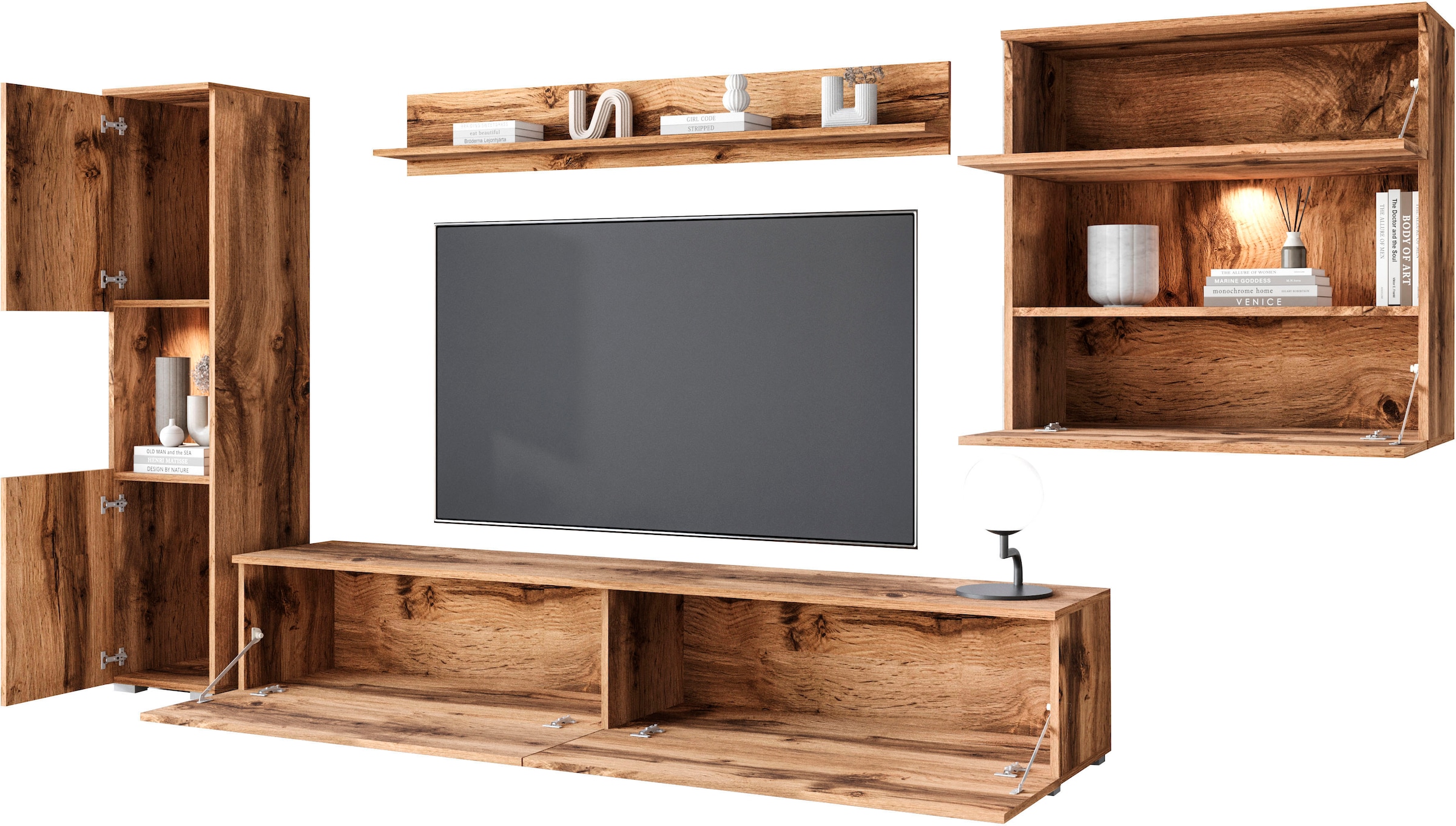 INOSIGN Wohnwand »PARIS«, (Komplett-Set, 4 St.), TV-Wand 300cm breite, grifflose Design, stehend und hängend montierbar