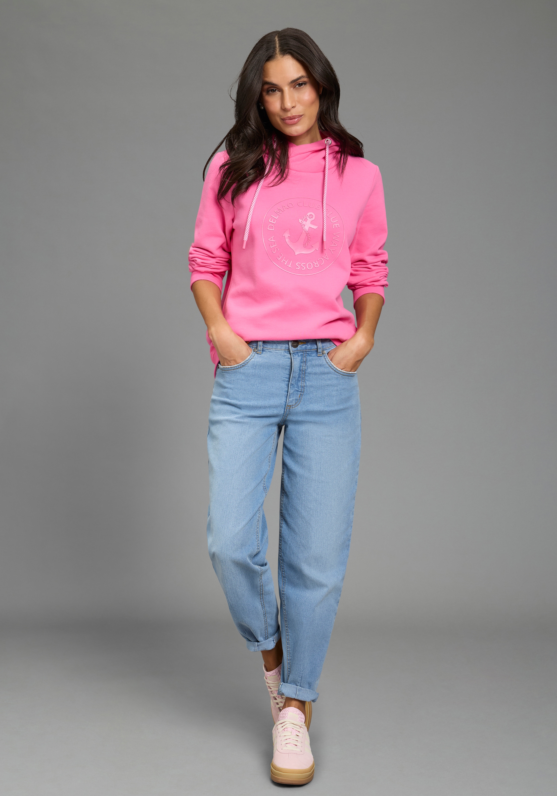 DELMAO Kapuzensweatshirt , Weiche Baumwollmischung mit Print, Kordel und maritimen Details
