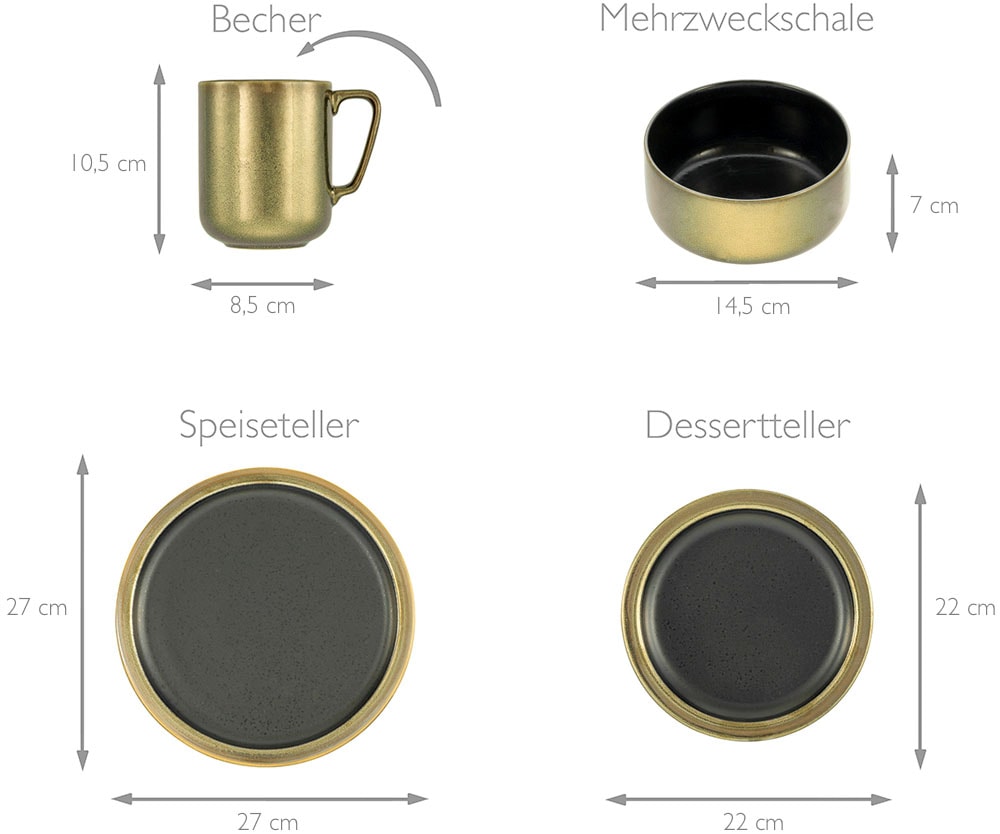 CreaTable Kombiservice »Modern Industrial«, (Set, 8 tlg., Kaffeeservice und Tafelservice im Set, für 2 Personen), Service, Spezialglasur, glänzende Sprenkel, 8 Teile, für 2 Personen