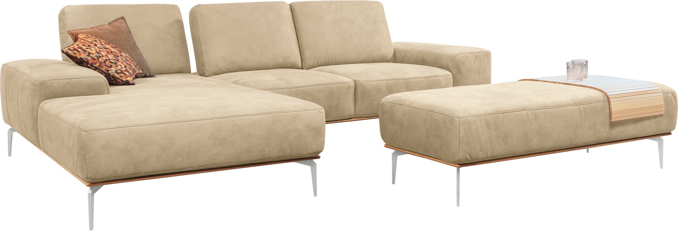 W.SCHILLIG Ecksofa »run, Designsofa mit tollem Sitzkomfort,  L-Form« mit elegantem Holzsockel, Füße in Chrom glänzend, Breite 279 cm