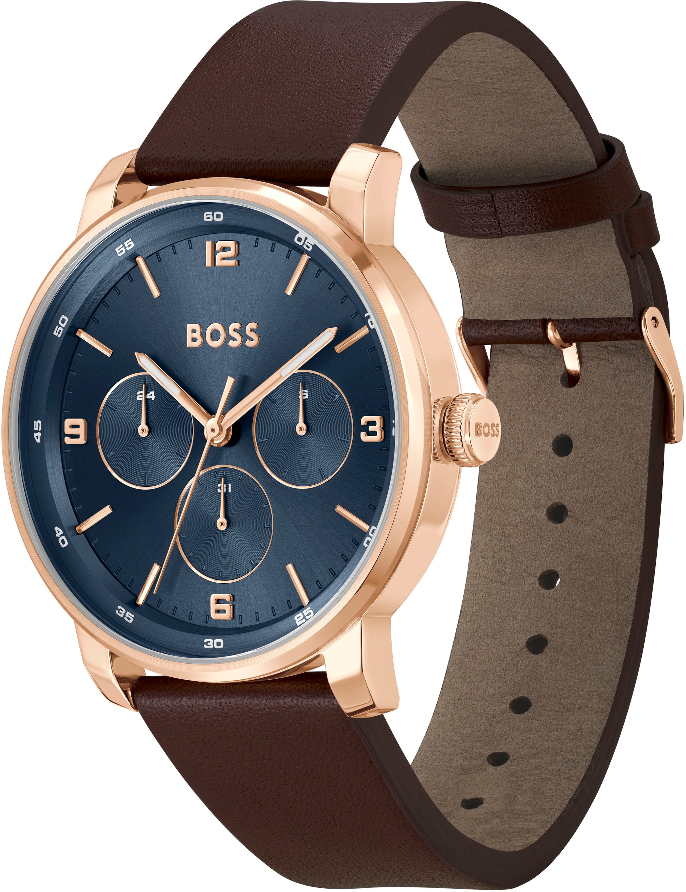 BOSS Multifunktionsuhr »CONTENDER«, Quarzuhr, Herrenuhr, Armbanduhr, Datum, Lederarmband