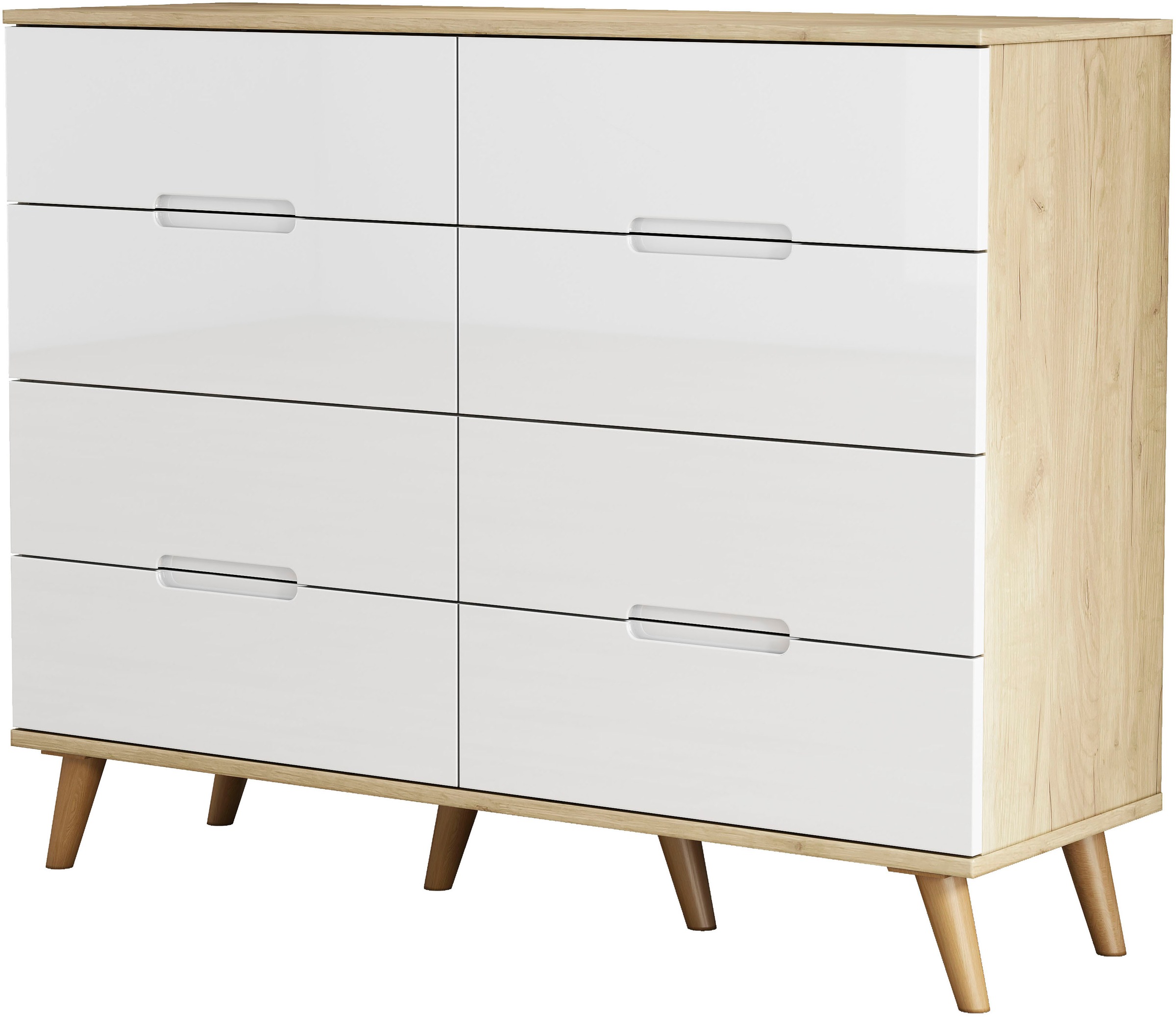 OTTO home Kommode »Lund« mit glänzenden Fronten, Griffmulden, helles Holzdekor, Breite 120 cm