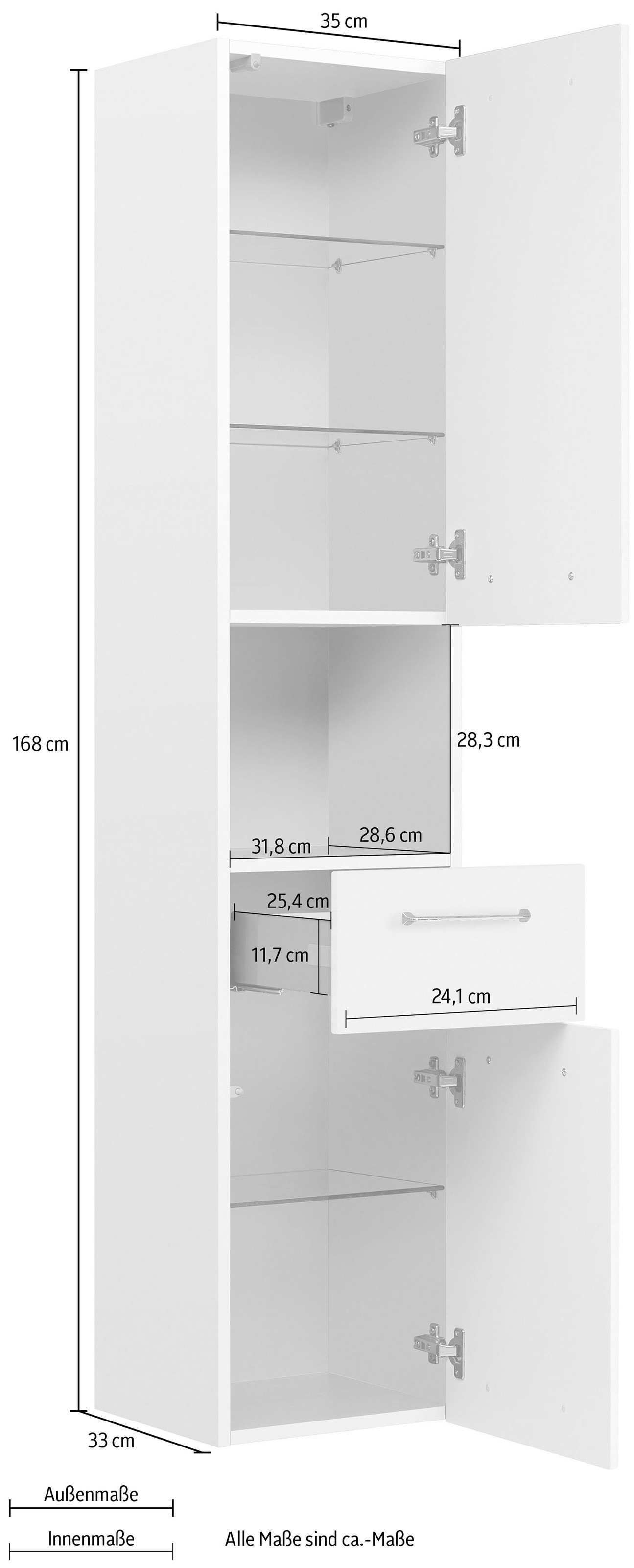 Saphir Hochschrank »Quickset Badschrank 35 cm breit, 2 Türen, 1 Nische, 1 Schublade«, Badezimmer-Hochschrank inkl. Türdämpfer, Griffe in Chrom glänzend