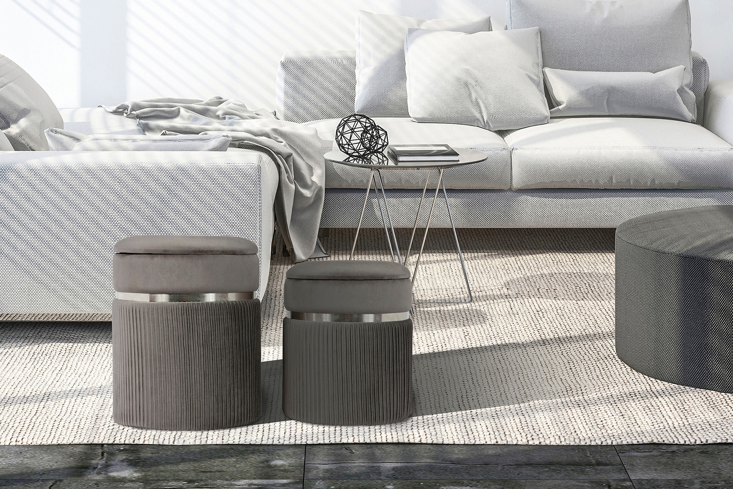 Kayoom Polstergarnitur »Hocker Zora 325 2er-Set, samtweicher Stoffbezug,runde elegante Form« Set, Hocker 1: B 36 /H 44/ T36 cm
Hocker 2: B 31,5 /H 38/ T31,5 cm, 2 Stk. tlg. edles Design mit Metallring, gepolstert, mit Stauraum