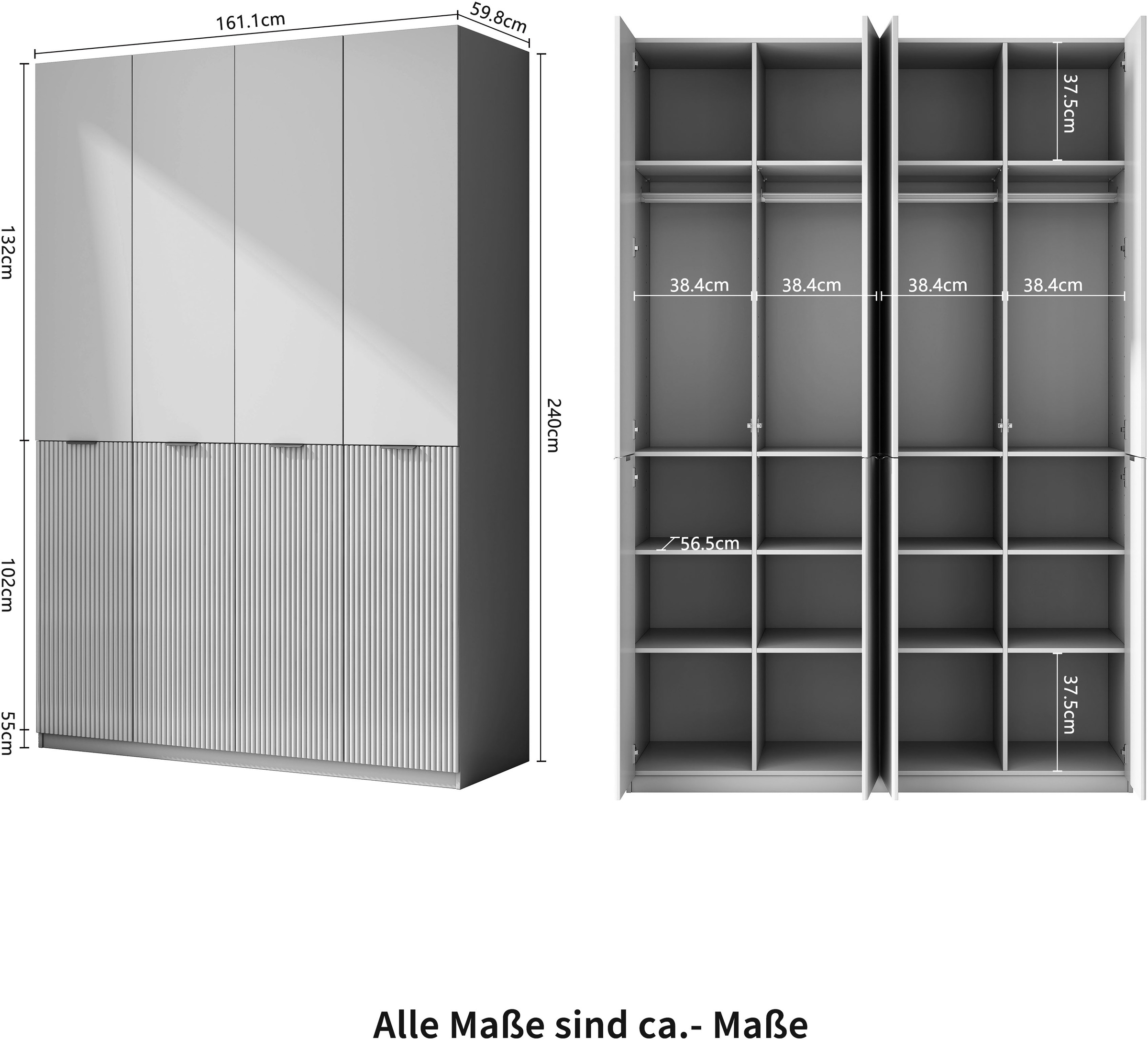 OTTO home Kleiderschrank »Jorella Schlafzimmerschrank Garderobe mit Softclose« eleganter Schlafzimmerschrank Rillendesign Trend Breite 161cm