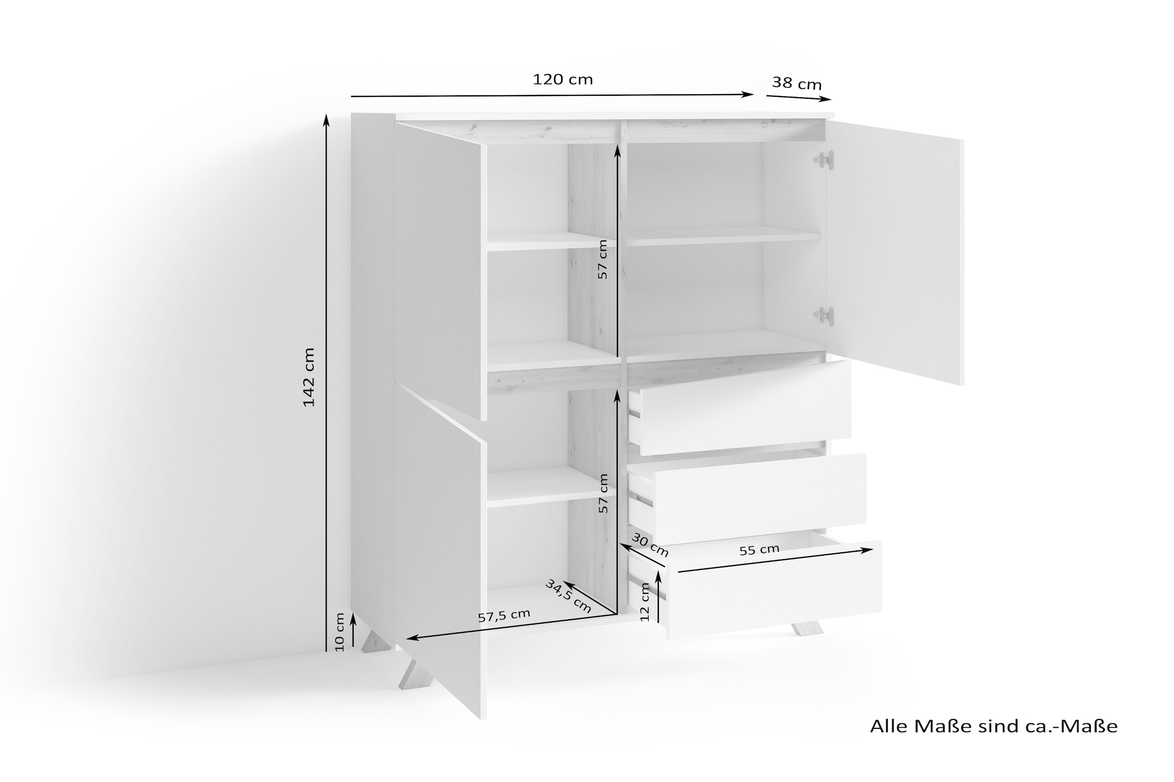 INOSIGN Highboard »Valentin«, 3 Schubkästen und 3 Türen, Breite 120cm in modernem Scandi - Design