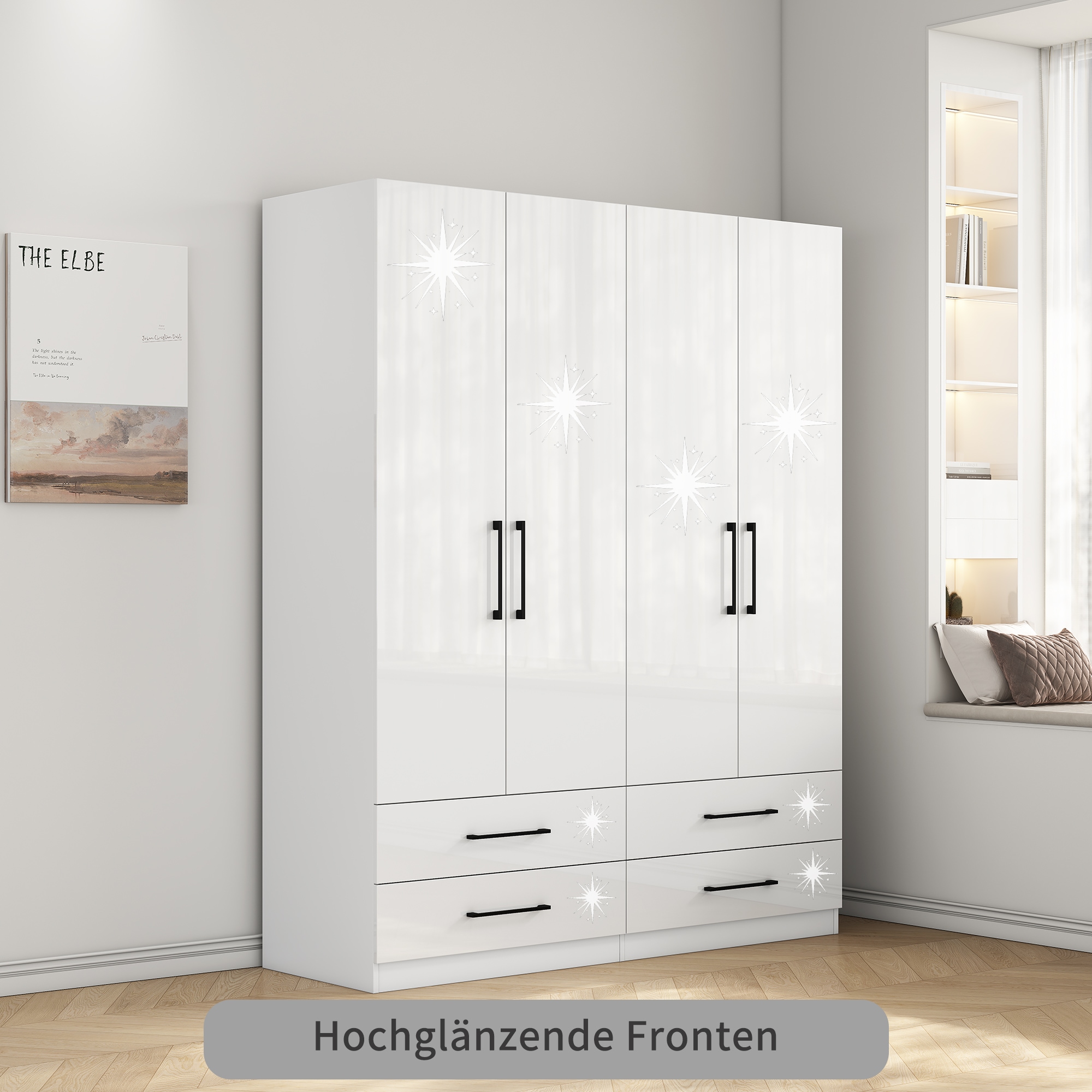 OTTO home Kleiderschrank »Sylt Schlafzimmerschrank Bestseller mit hochglänzenden Fronten«, (Drehtürenschrank mit 4 Schubladen und 4 Türen), Schrank in Breite 160 mit viel Stauraum