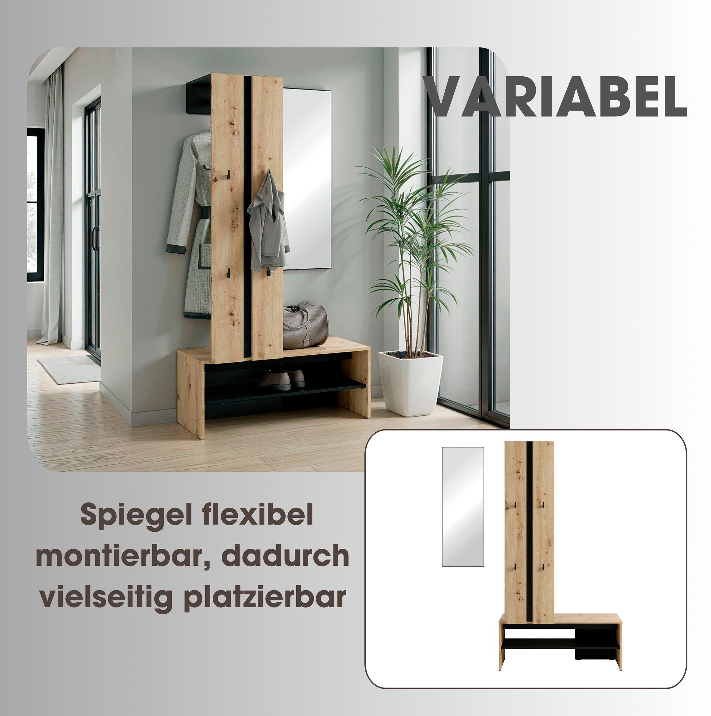 byLIVING Kompaktgarderobe »Dielen - Set Nante« 2 Stk. tlg. maximale Ordnung auf wenig Fläche mit Spiegel, Kleiderstange und Haken