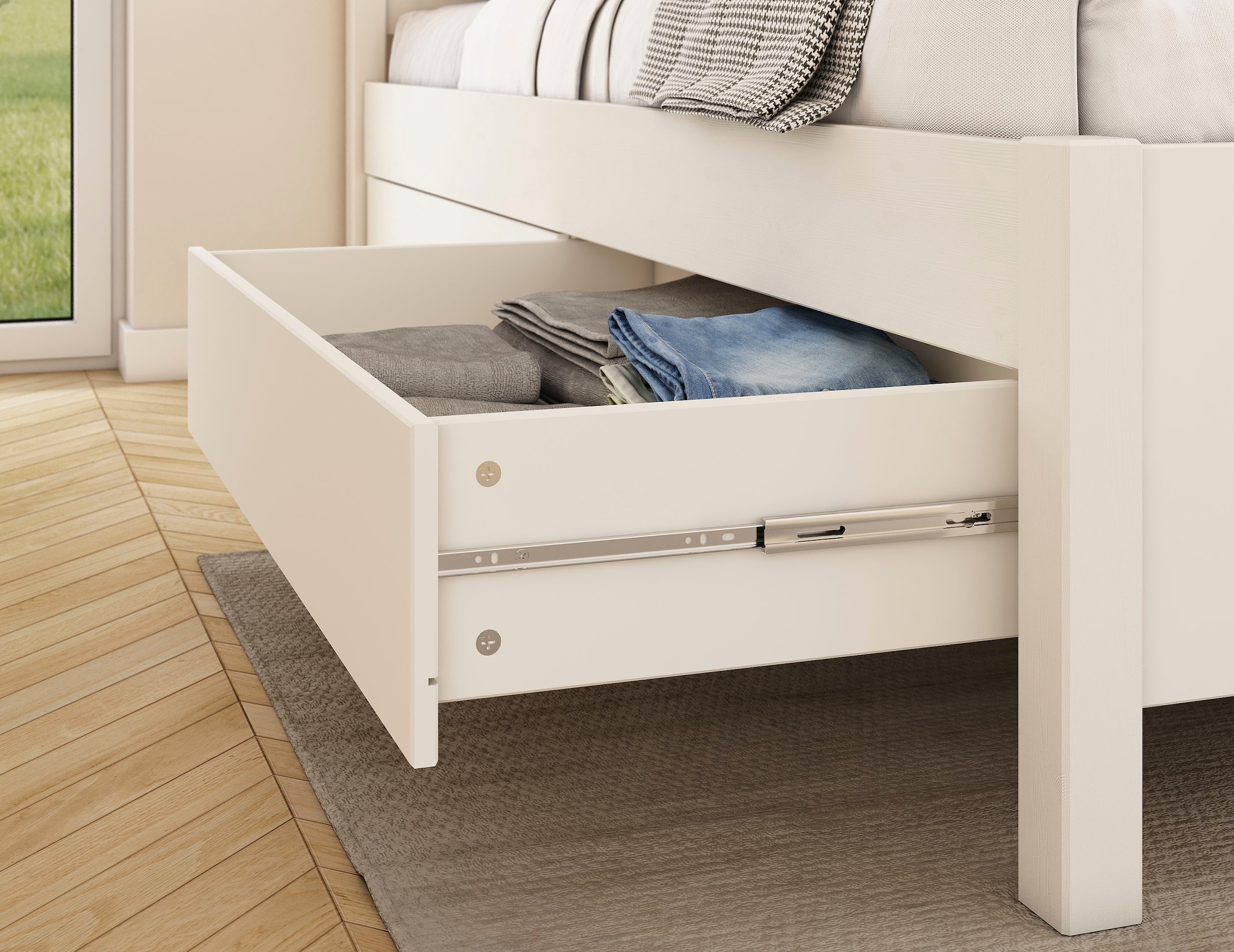 OTTO home Stauraumbett »Synnra, maximaler Stauraum, 4 Schubladen, Made in EU, Landhausstil« FSC® zertifiziert, Kassettenfront, Stauraumlösung und Komfort