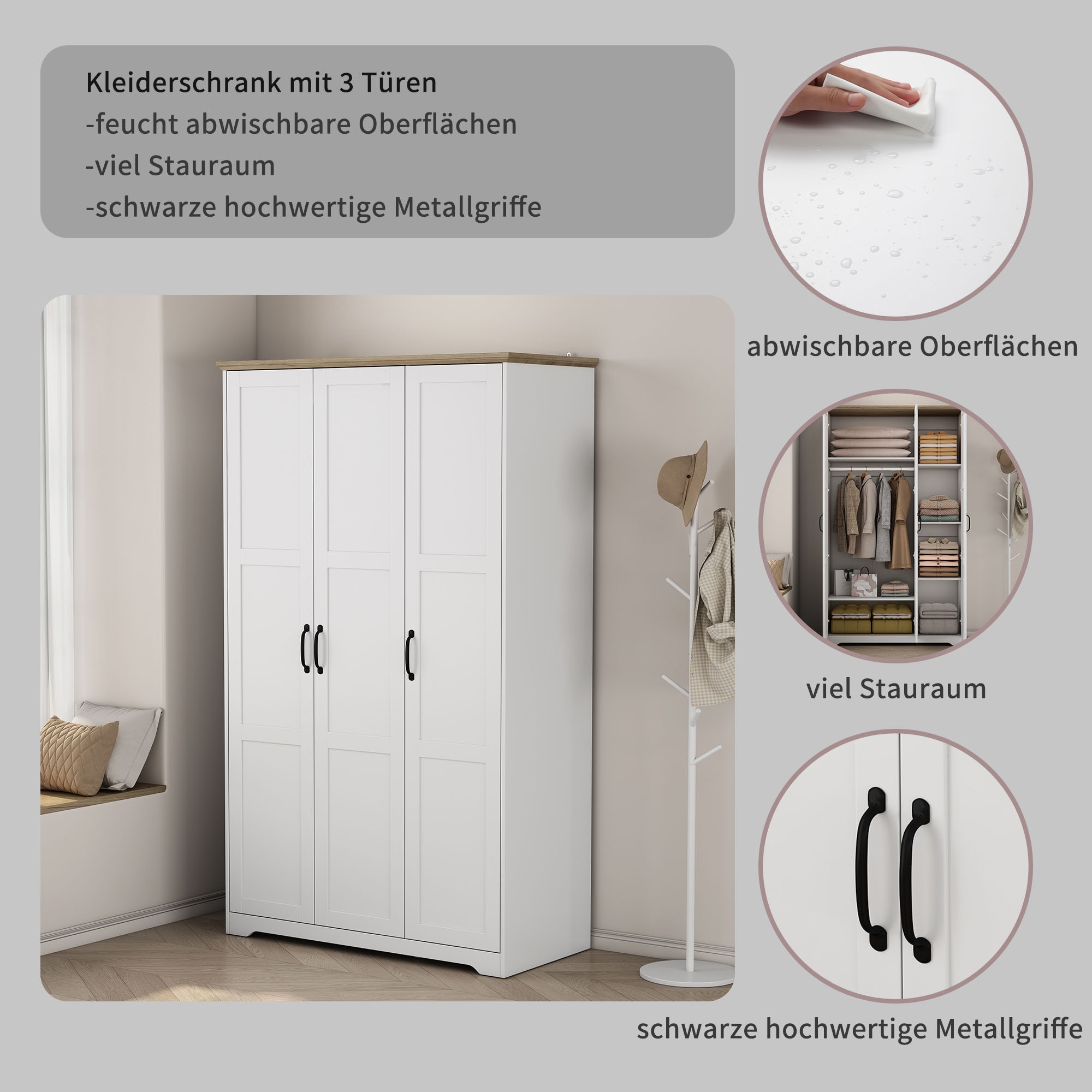 OTTO home Kleiderschrank »Emmilia Schrank Schlafzimmerschrank im Landhaus Design« Mit vielen Einlegeböden und Softclose,  Landhaus Schrank mit  3 Türen Breite 120,4 cm, Höhe 2m