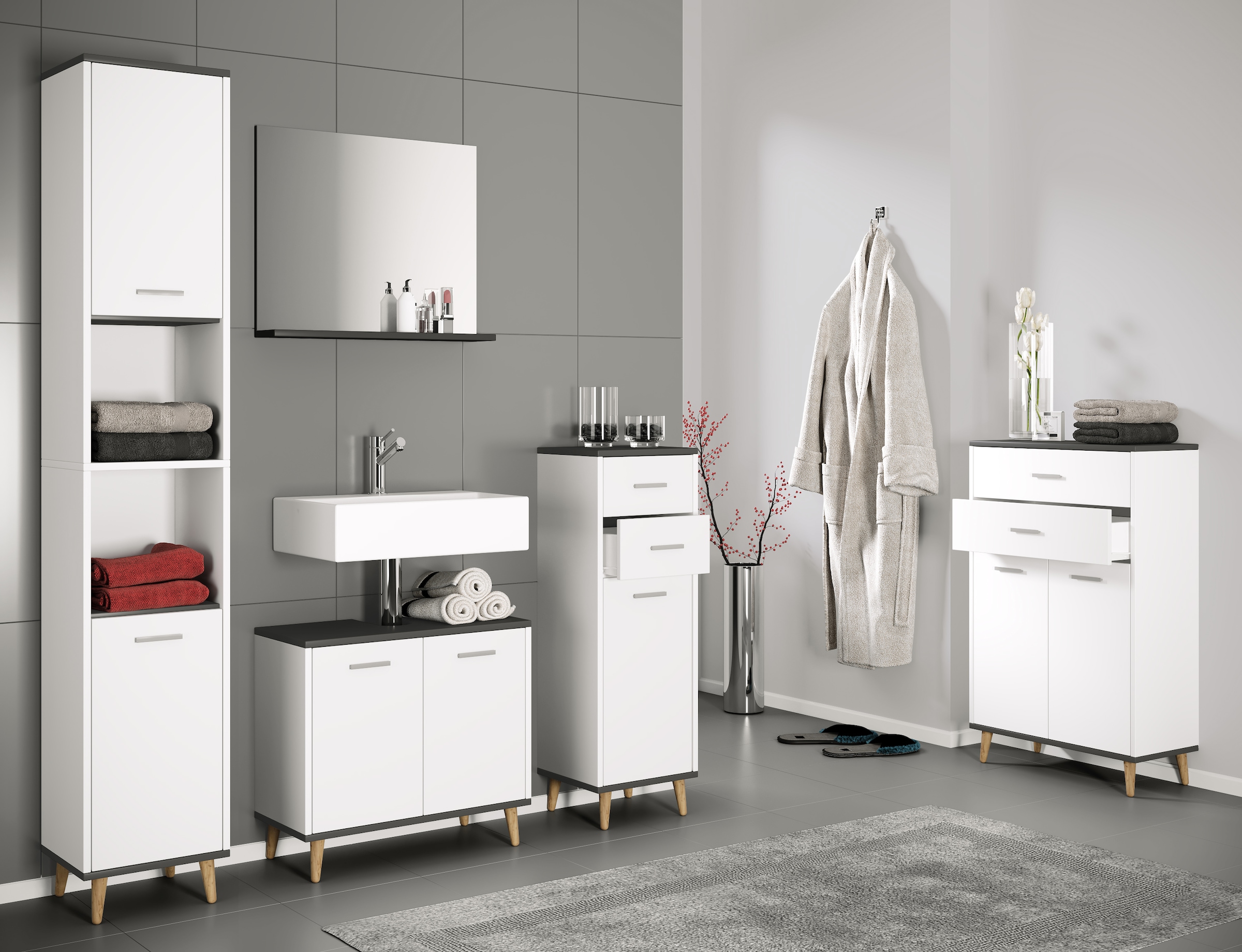 VCM Waschbeckenunterschrank »VCM 4-tlg. Badmöbelset | Badmöbel | Set aus Unterschrank, Midischrank, Hochschrank und Spiegel | Badezimmermöbel - Landos«, (4 St.)