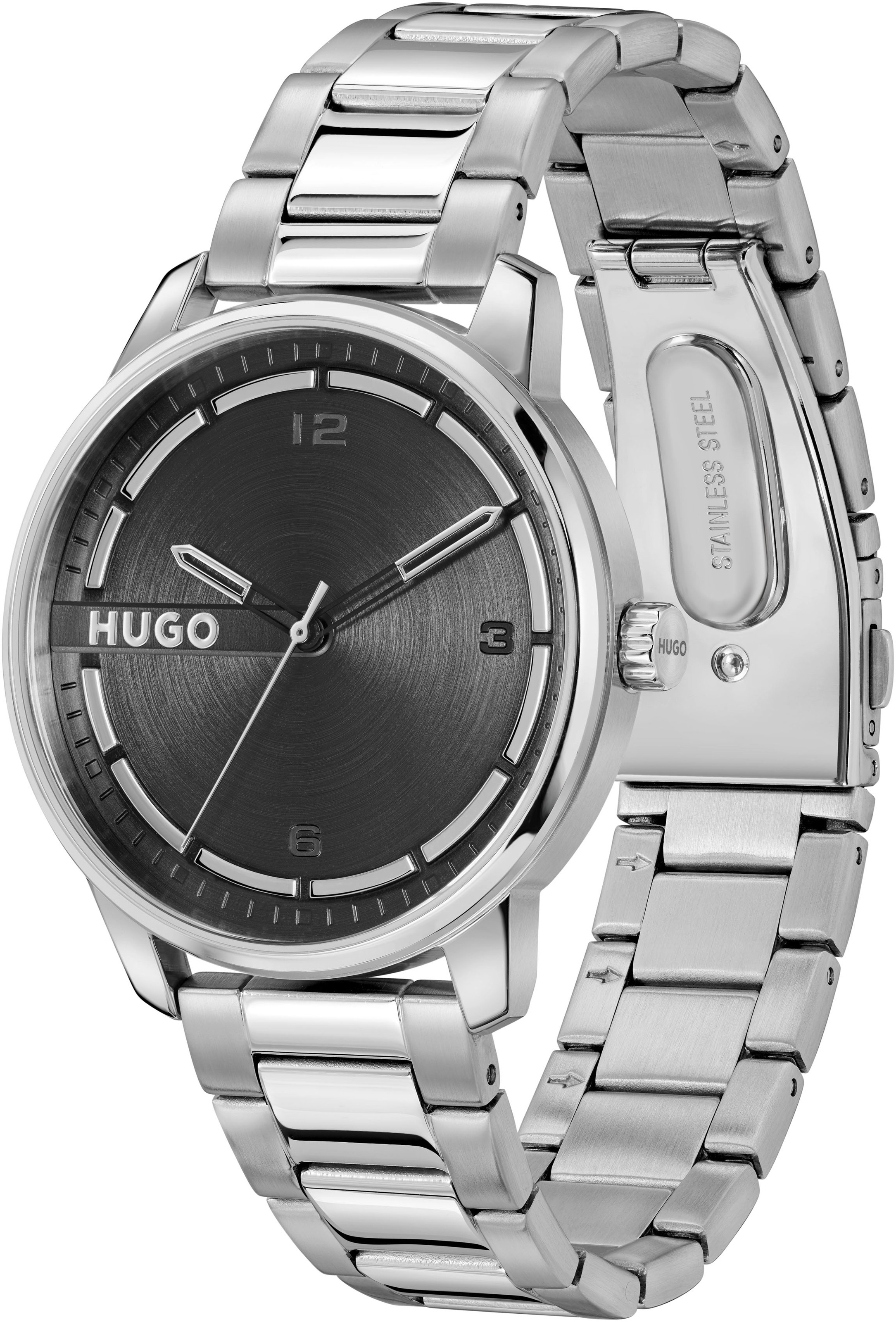HUGO Quarzuhr »#STAMP« Armbanduhr, Herrenuhr, analog, Edelstahlarmband