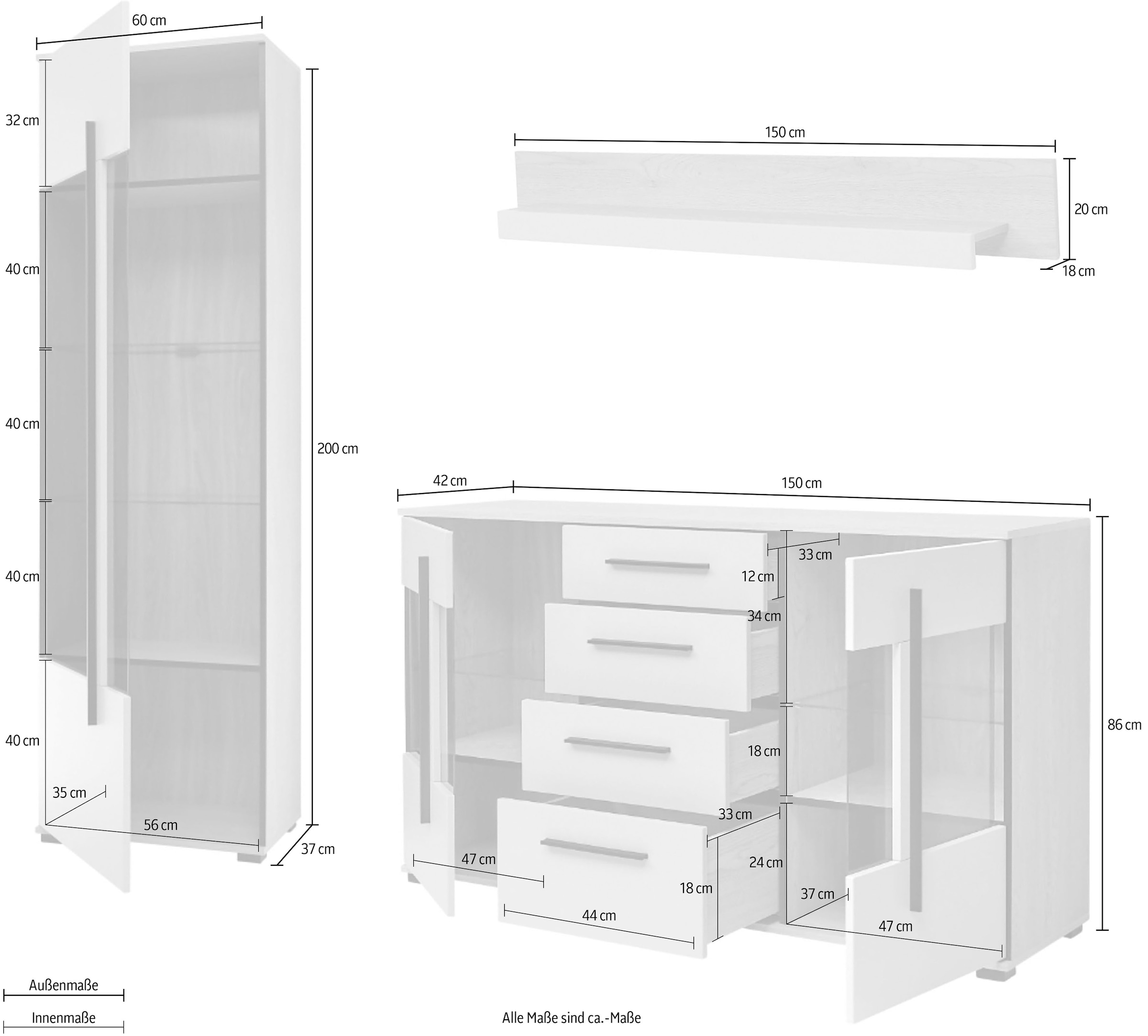 Home affaire Wohnwand »Cantara, Anbauwand, Wohnzimmer-Set, in Eiche Evoke, Weiß oder Kaschmir« Set, 4 Stk. tlg.