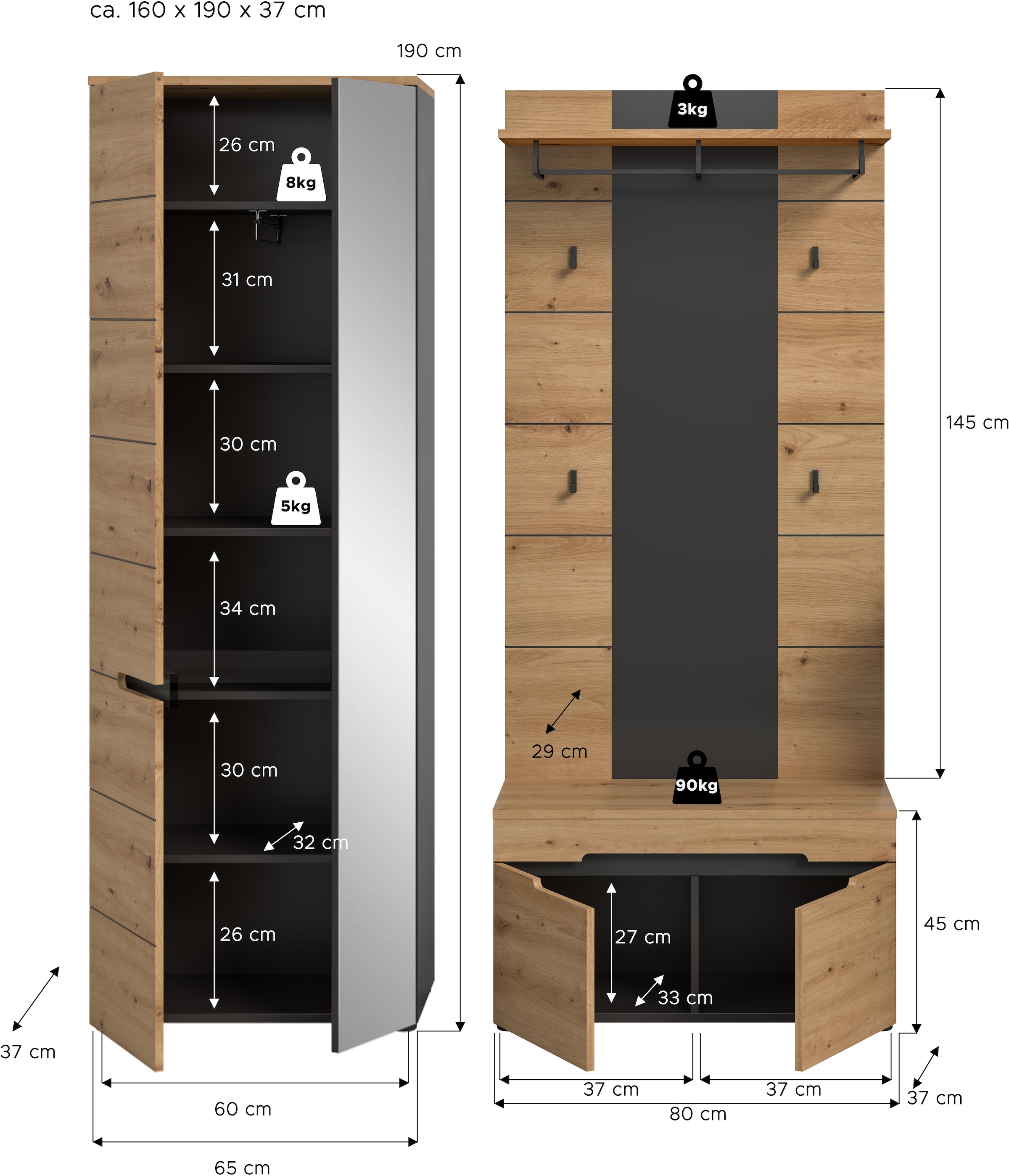 INOSIGN Garderoben-Set »REHAT, TOPSELLER!, 3-teilig, Breite 160 cm, individuell erweiterbar« Set, bestehend aus: Garderobenschrank, Sitzbank und Paneel, 3 Stk. tlg.
