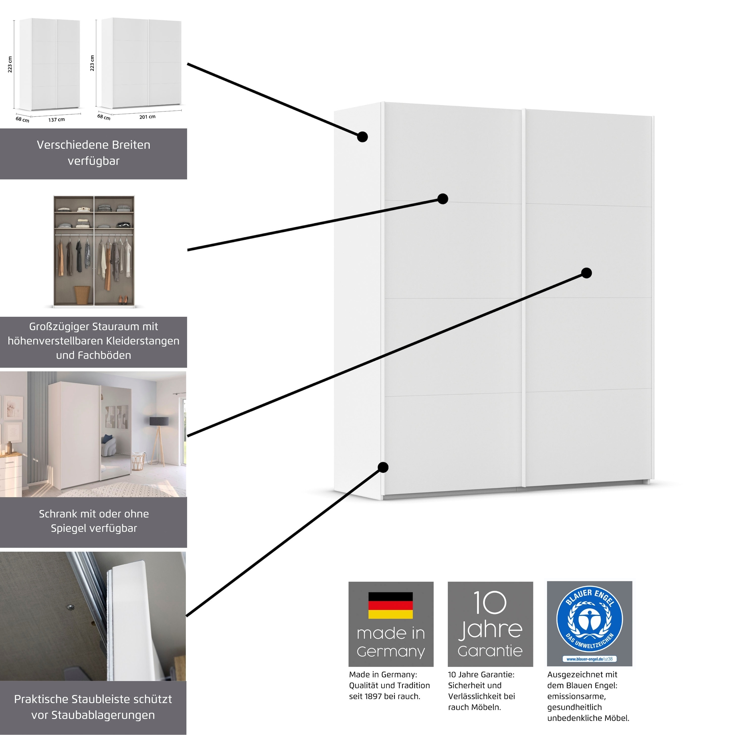 rauch Schwebetürenschrank »Kleiderschrank Schrank Garderobe Schlafzimmerschrank EVELYN«, in elegantem Stil, in 5 Breiten, Griffe in Korpusfarbe MADE IN GERMANY