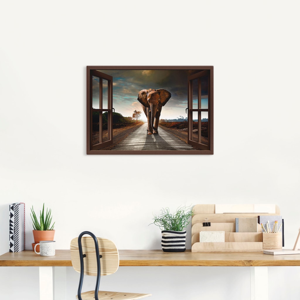Artland Leinwandbild »Elefant auf Straße - braunes Fenster«, Fensterblick, (1 St.)